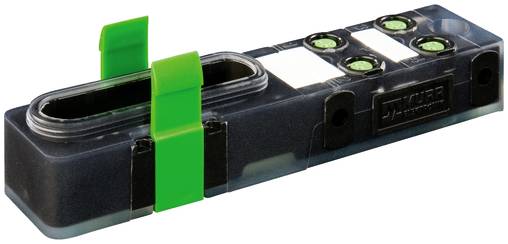 Schwarzes elektronisches Sensormodul mit einem Kabelschlitz und vier grünen Anzeigelichtern oben.