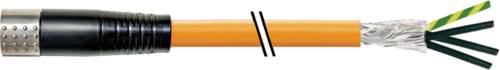 Oranges Kabel mit einem schwarzen Stecker an einem Ende und freiliegenden silbernen Drähten, die am anderen Ende fächerartig ausgebreitet sind.