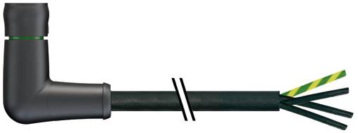 Schwarzer L-förmiger Kabelstecker, der an einem dunklen Kabel mit freigelegten inneren Drähten am geschnittenen Ende befestigt ist und eine beschädigte oder beendete Kabelverbindung zeigt.