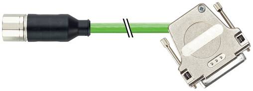 Grünes Kabel mit einem Metallstecker auf der linken Seite und einem großen silbernen D-Sub-Stecker auf der rechten Seite, dargestellt vor weißem Hintergrund.