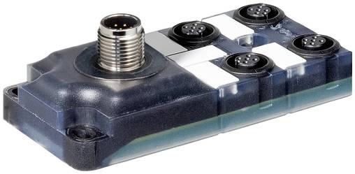 Industrieller Sensor oder Verbindungsmodul mit einem Gewinde-Metallport und vier kreisförmigen Steckverbindern auf einem dunkelblauem Gehäuse.