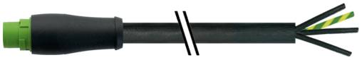 Ein schwarzes Kabel mit einem grünen Anschluss und freiliegenden Enden, die grüne, gelbe, weiße und schwarze Drähte zeigen.