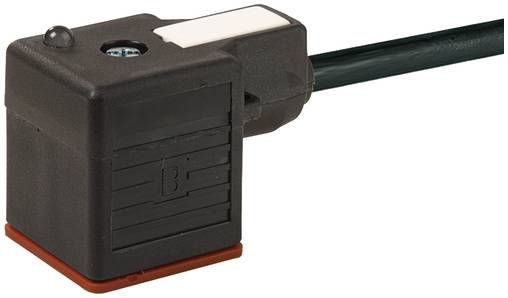 Schwarzer Elektrostecker mit angeschlossenem Kabel, dargestellt auf weißem Hintergrund.