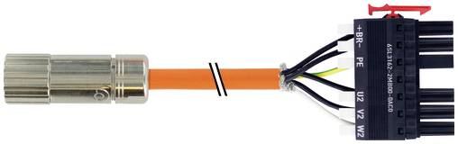 Nahaufnahme eines Kabelbaums: ein silberner zylindrischer Stecker auf der linken Seite, der mit einem orangefarbenen Kabel verbunden ist, und ein schwarzer mehrpoliger Stecker auf der rechten Seite mit beschrifteten Drähten.
