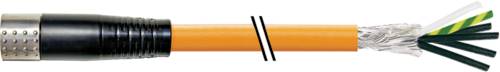 Querschnitt eines orangefarbenen Elektrokabels mit freiliegenden silbernen Drähten und farbigen inneren Leitern, mit einem schwarzen Stecker auf der linken Seite.