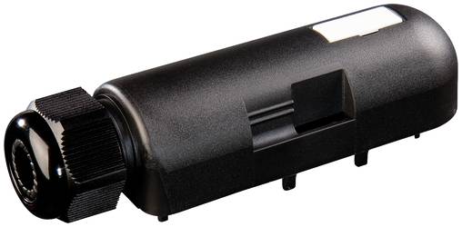 Schwarzer zylindrischer Adapter für Taschenlampen oder Befestigungsgehäuse mit gerillter Kappe und seitlichem Clip, auf weißem Hintergrund dargestellt.