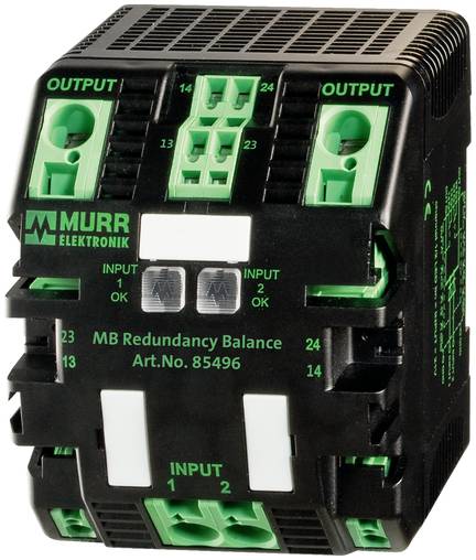 Schwarz-grünes Murr Elektronik Redundanzausgleichsmodul mit beschrifteten Ein- und Ausgangsklemmen, Vorderansicht auf weißem Hintergrund dargestellt.