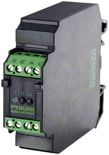 Ein schwarzes und grünes industrielles Stromregelmodul mit Schraubklemmen, gekennzeichnet mit Murr Elektronik, isoliert auf weißem Hintergrund dargestellt.