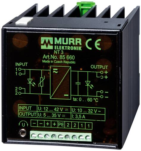 Murr Elektronik NT3 Stromversorgungseinheit Vorderansicht mit beschrifteten Ein- und Ausgangsklemmen, Spannungsbereichen und 3,5 A Nennleistung.