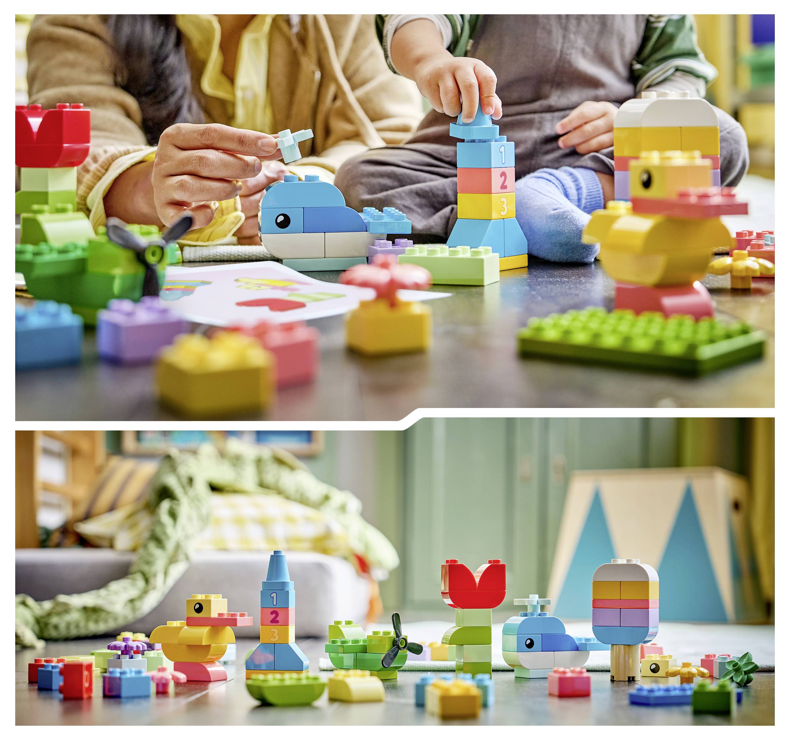 Kinder spielen mit bunten Bausteinen und Spielzeugtieren auf dem Boden und errichten dabei verspielte Strukturen in einer heimischen Umgebung.