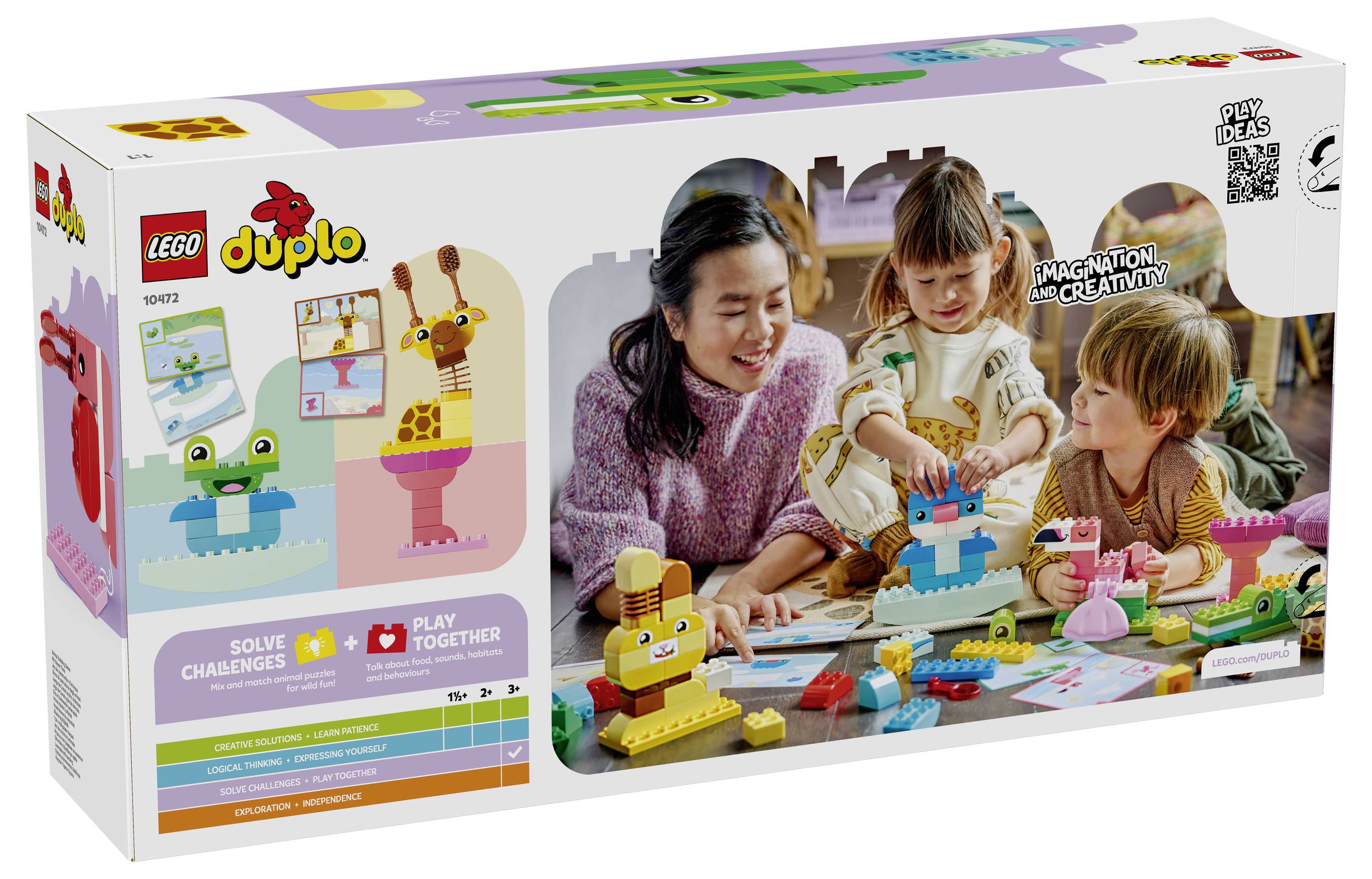 LEGO Duplo Baukasten-Schachtel mit drei Kindern und einem Erwachsenen, die mit bunten Bausteinen spielen, mit Beispielkonstruktionen und Altersgruppeninformationen auf der Verpackung.