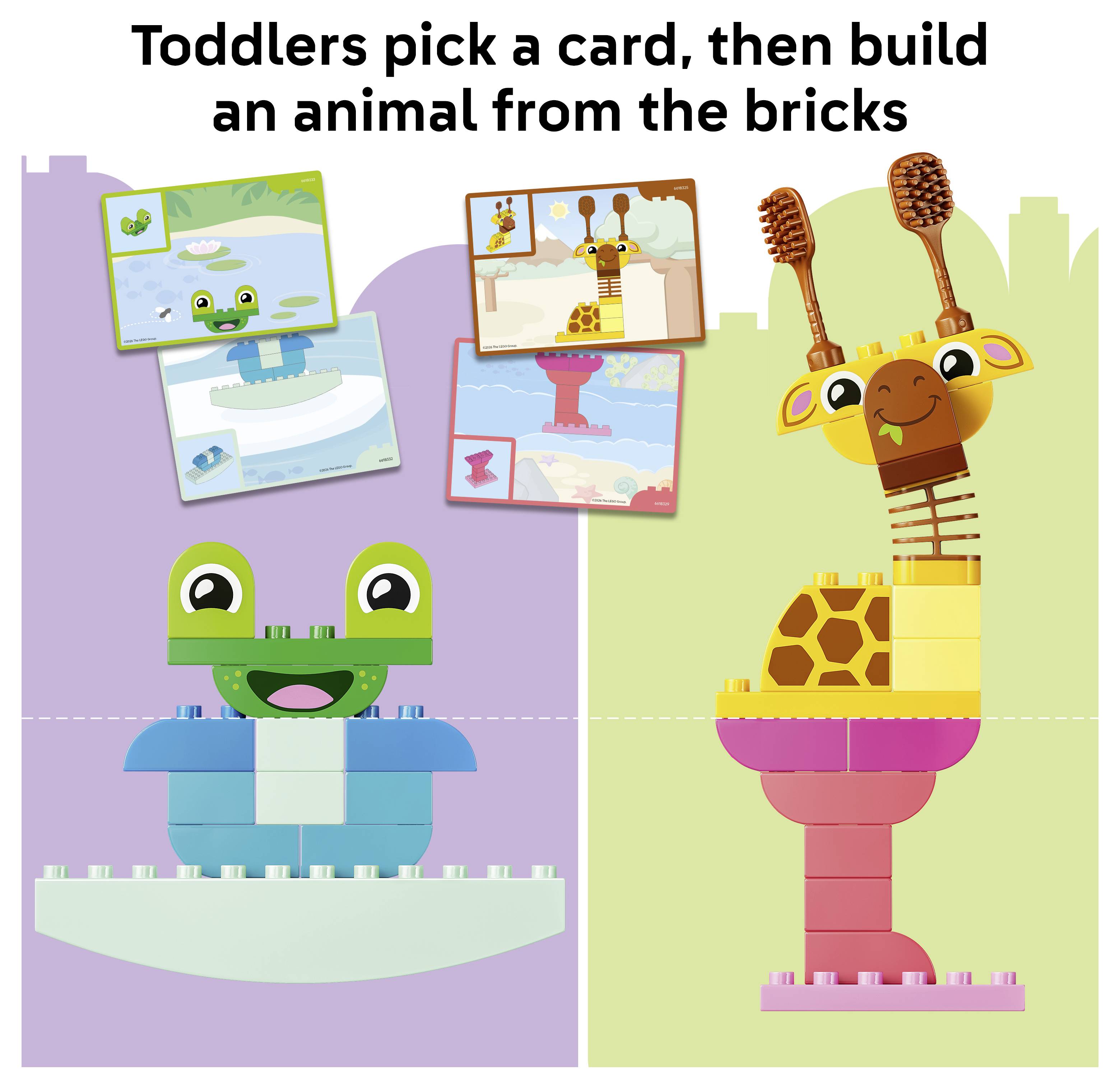 Unterrichtsbilder zeigen Kleinkinder, die eine Karte auswählen, dann ein Tier aus Bausteinen bauen; Beispiel aus Bausteinen gebauter Frosch und Giraffe mit passenden Karten.