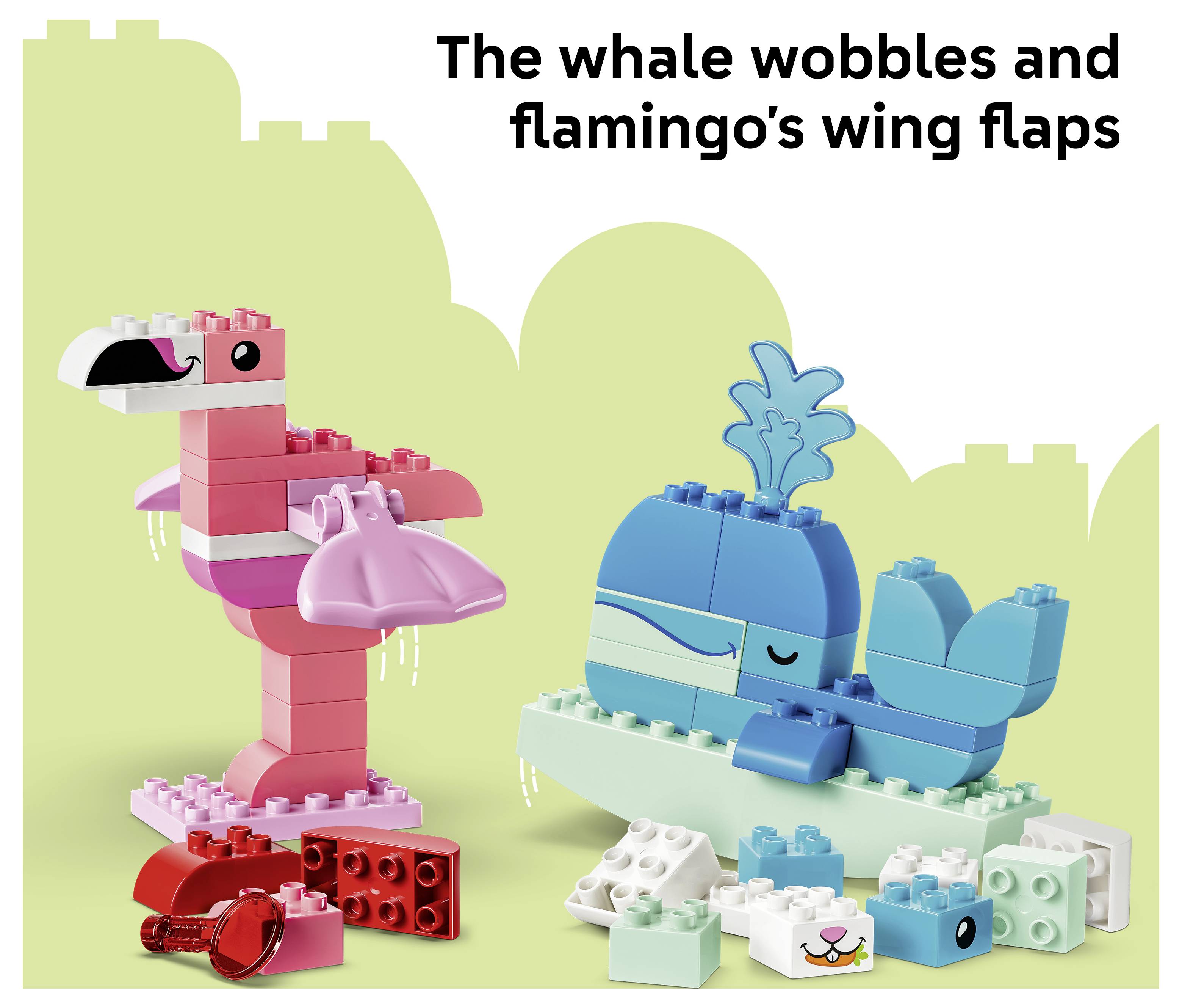 Illustration von LEGO-Tieren: ein rosa Flamingo, der steht, und ein blauer Wal, der wackelt, mit dem Text „Der Wal wackelt und die Flügel des Flamingos flattern