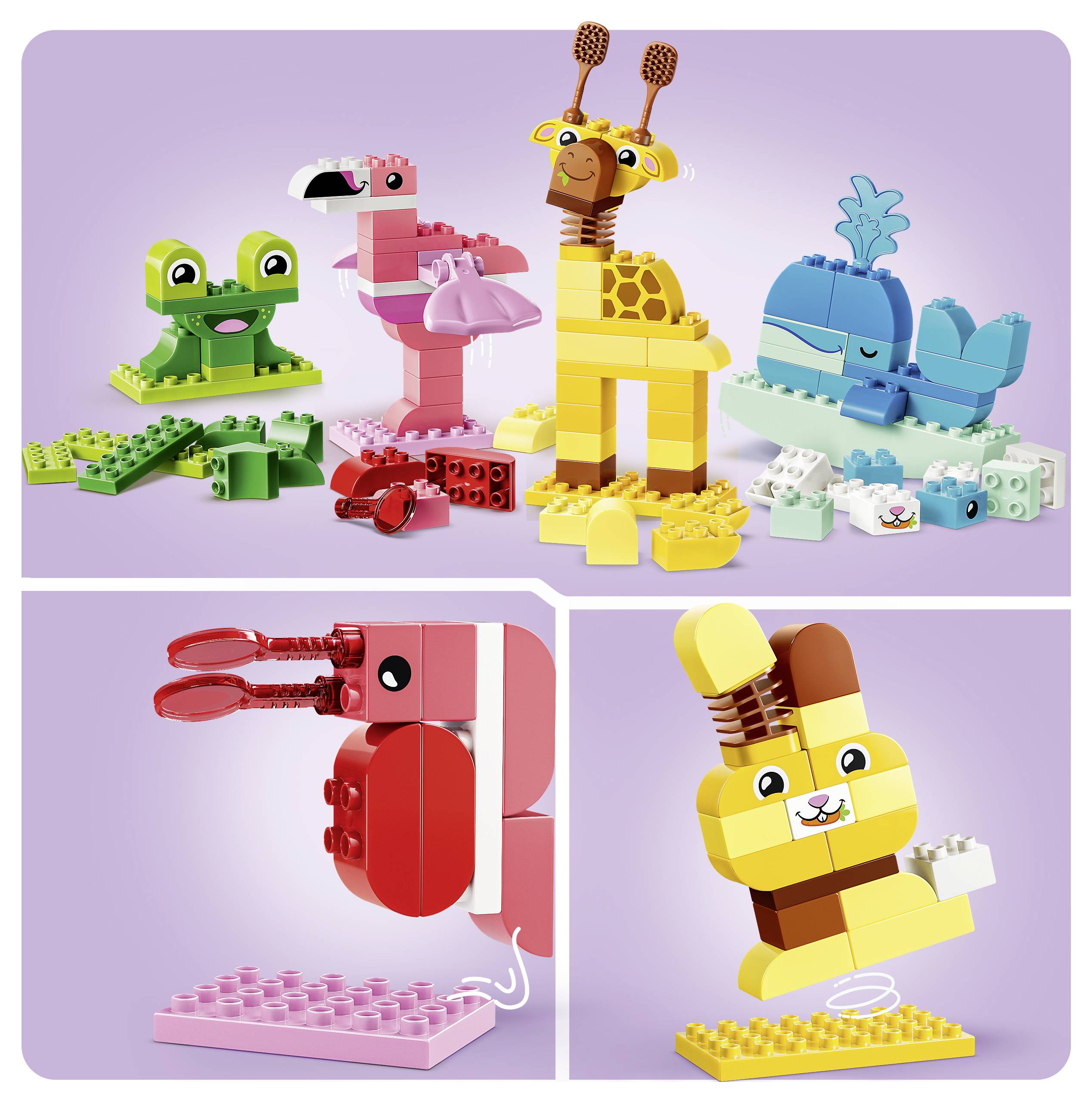 Ein LEGO-ähnliches Bild, das vier baubare Tiere zeigt: einen grünen Frosch, einen rosa Flamingo, eine gelbe Giraffe und einen blauen Wal, mit Nahaufnahmen einer roten Krabbe und eines gelben Kaninchens auf Ausstellungsständern.