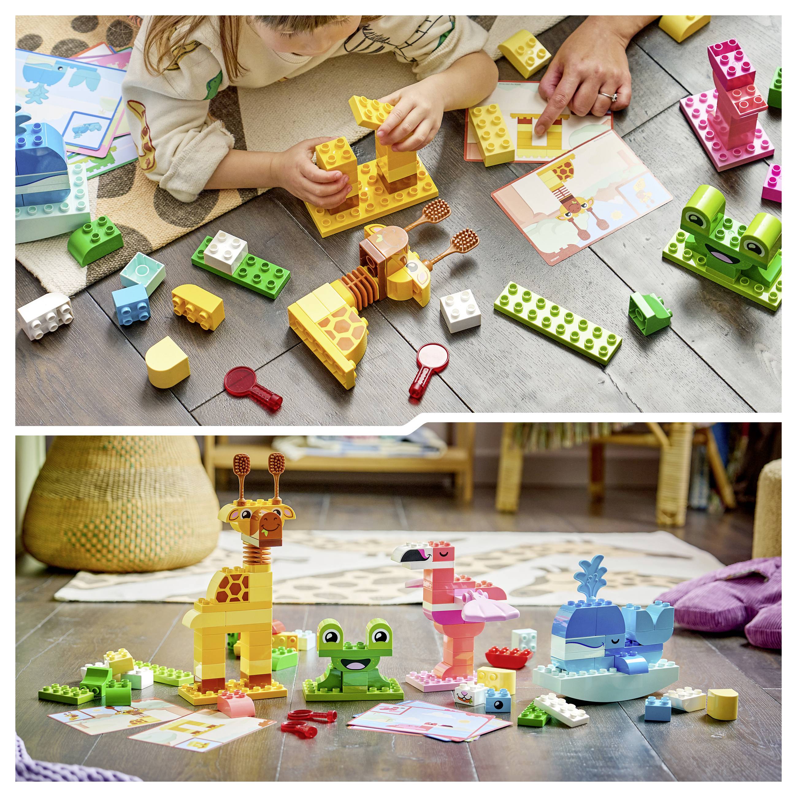 Kinder, die bunte LEGO-ähnliche Tiermodelle auf dem Boden bauen, mit Anleitekarten und verstreuten Bausteinen in einem Spielzimmer.
