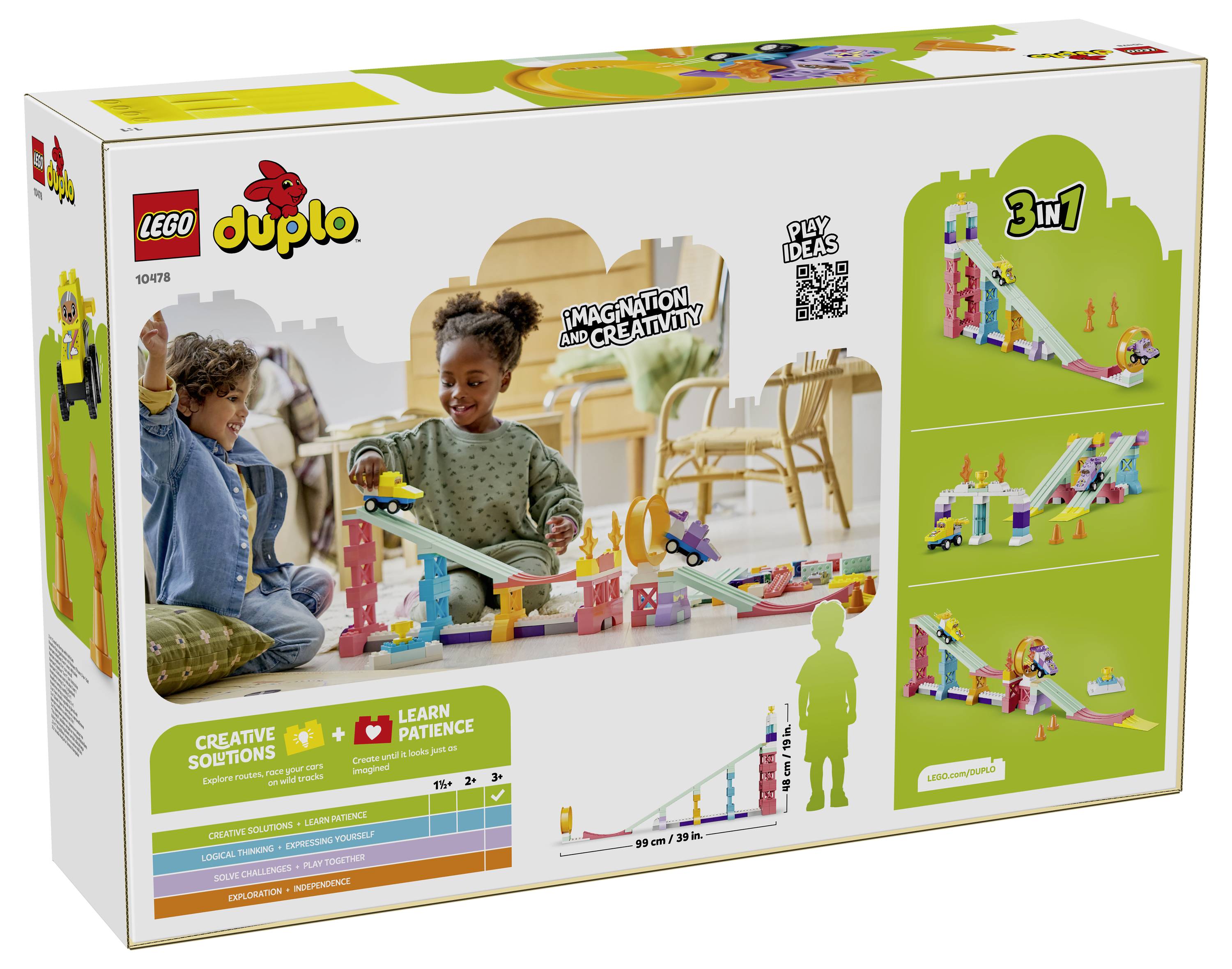 LEGO Duplo 3-in-1 Bauset-Schachtel zeigt Kinder, die mit einer bunten Rampen- und Kugelbahn spielen, mit drei alternativen Bauideen auf der rechten Seite.
