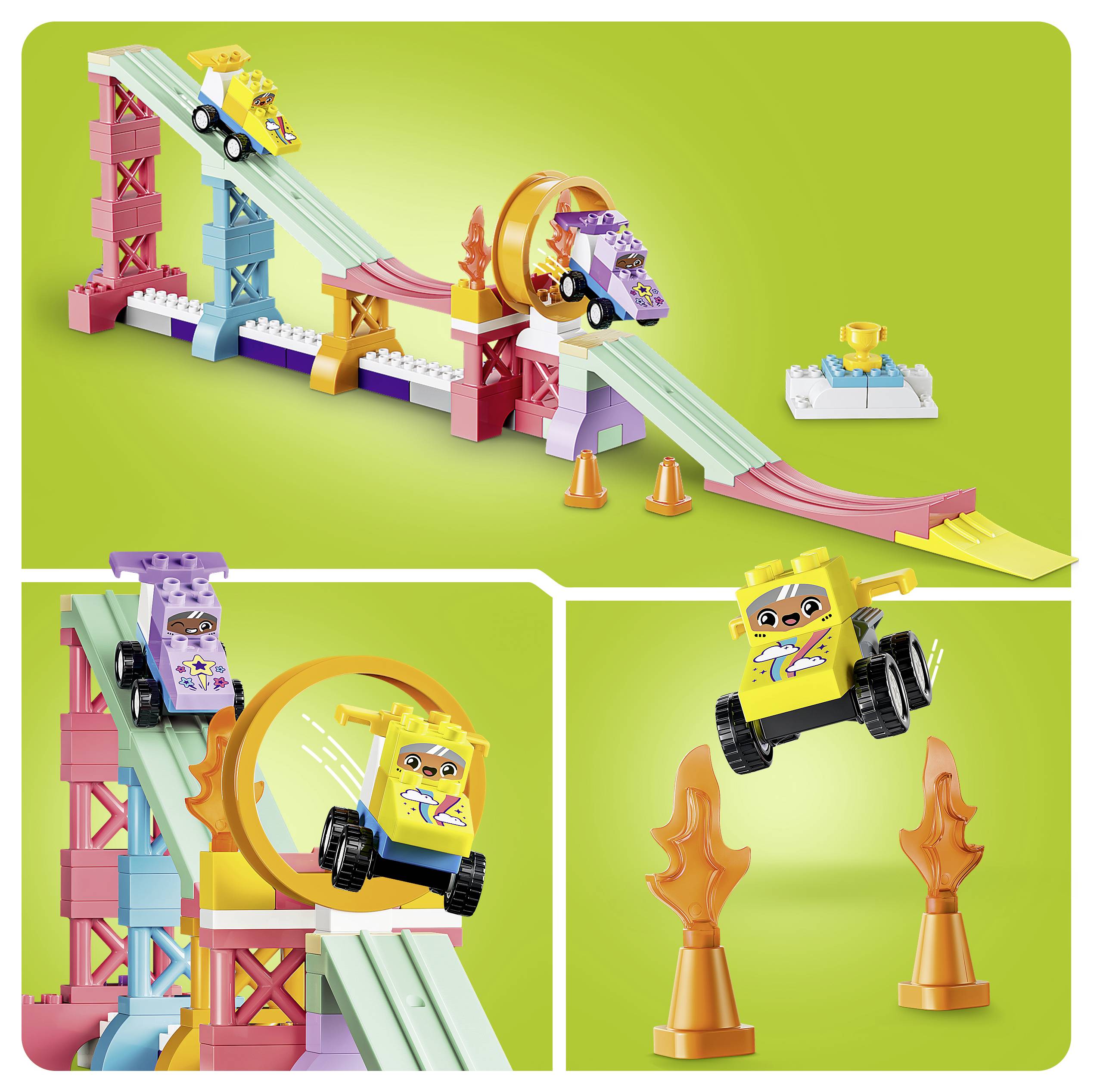 Bunter Spielzeug-Stunttrack mit zwei Fahrzeugen, die über Rampen, eine Schleife und Sprünge rasen, gezeigt in drei Aktionsansichten auf grünem Hintergrund.