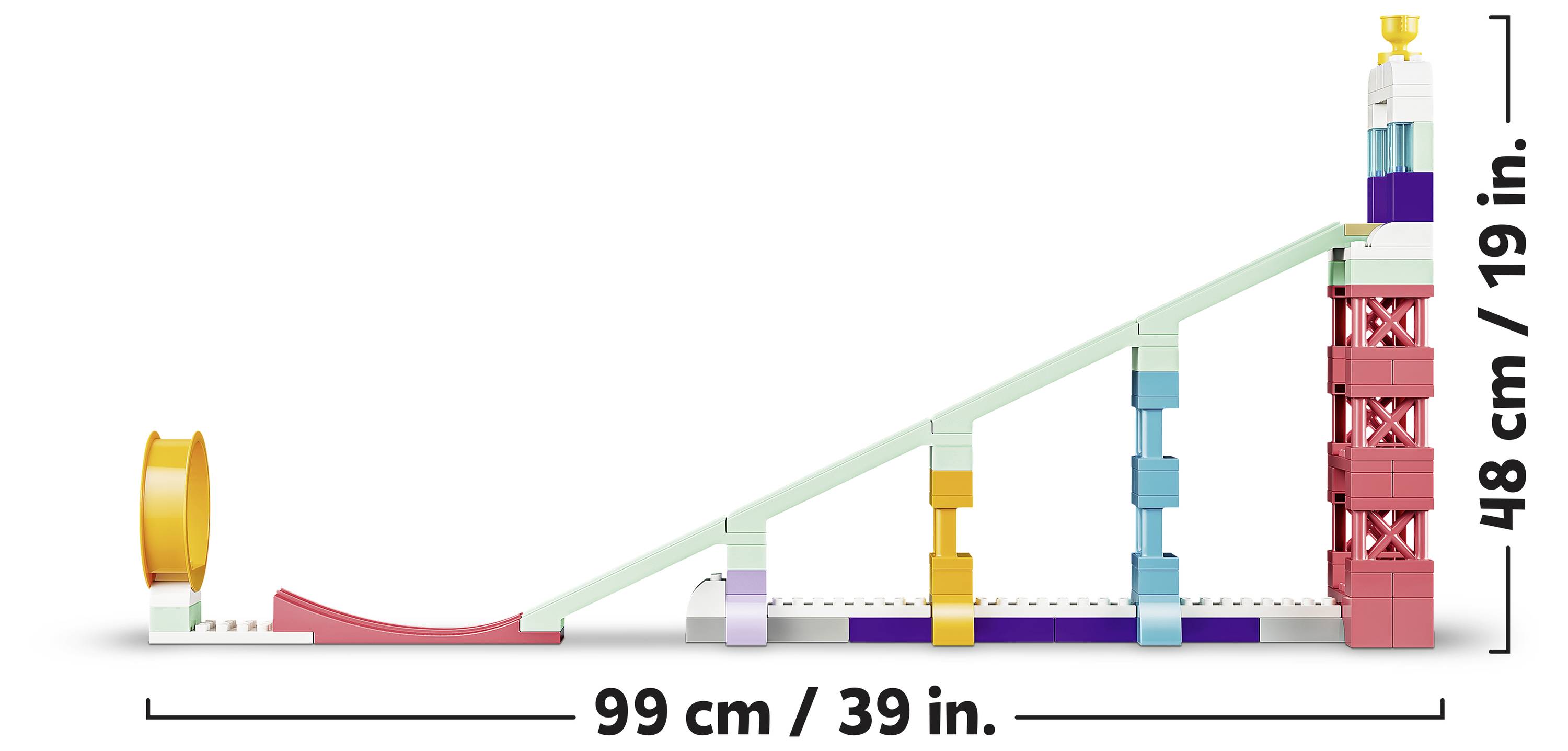 Abbildung einer Spielzeugmurmelbahn mit einer langen geneigten Strecke, Stütztürmen und einer Basis mit der Bezeichnung 99 cm/39 Zoll breit und 48 cm/19 Zoll hoch.