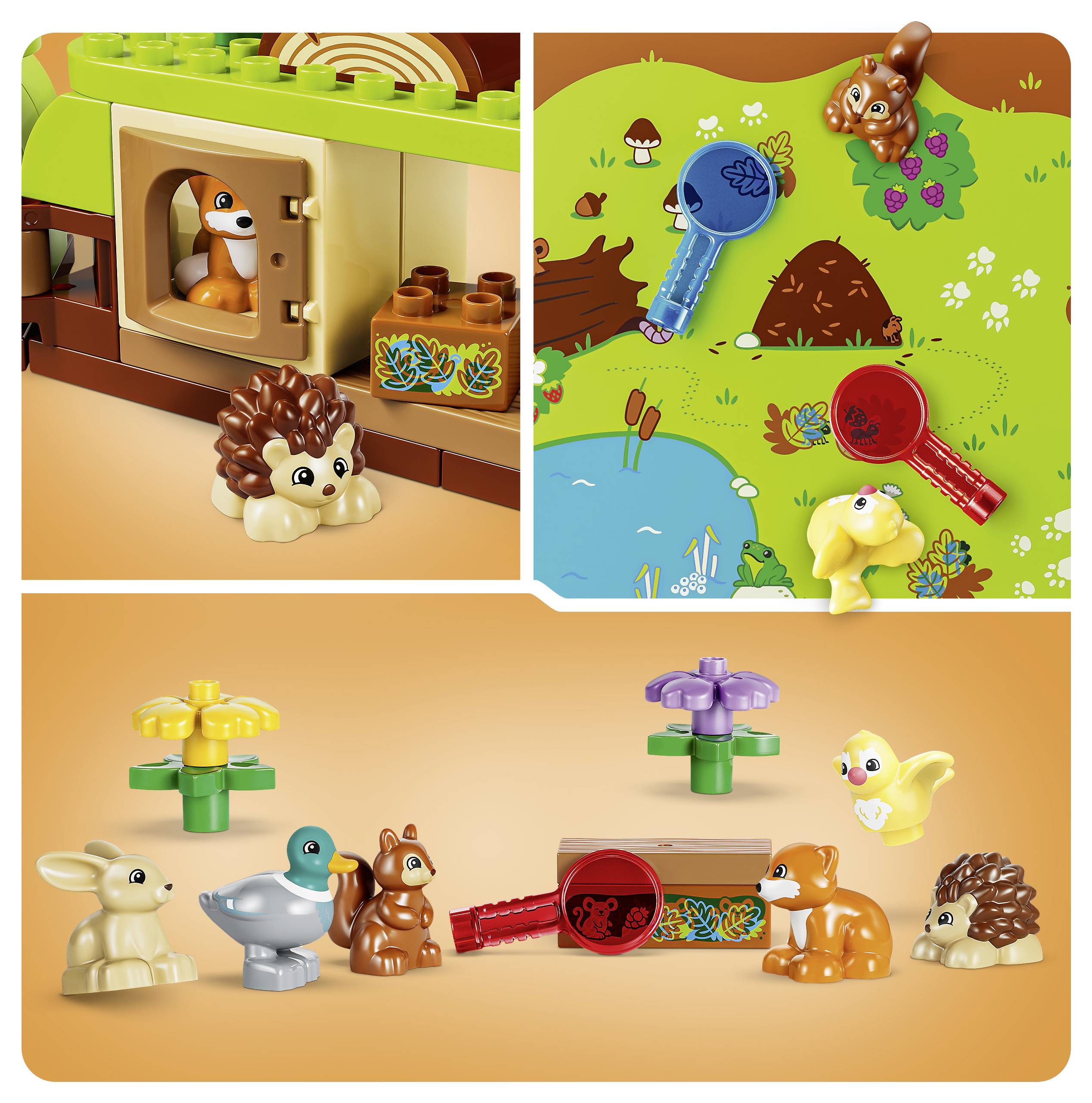 Bunte Spielzeugszene, die Tierfiguren und Lupengläser um ein naturthematisches Spielset zeigt, einschließlich einer Maus in einem Haus und verschiedener kleiner Tiere auf einer Karte.