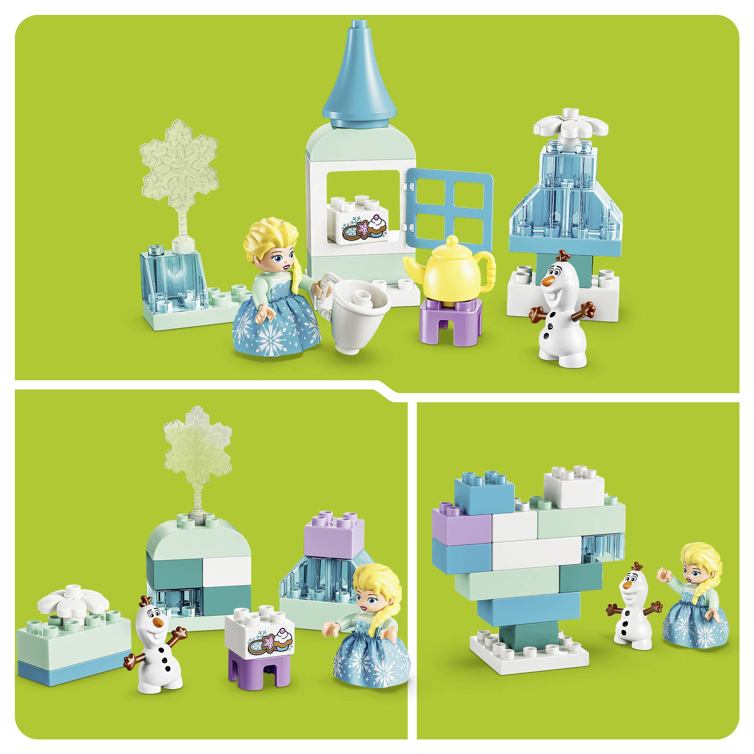 LEGO Frozen Spielset mit Elsa und Olaf, mit einem Eisschloss, Baum, Teeservice und einem großen herzförmigen Bauteil, das aus mehreren Perspektiven gezeigt wird.
