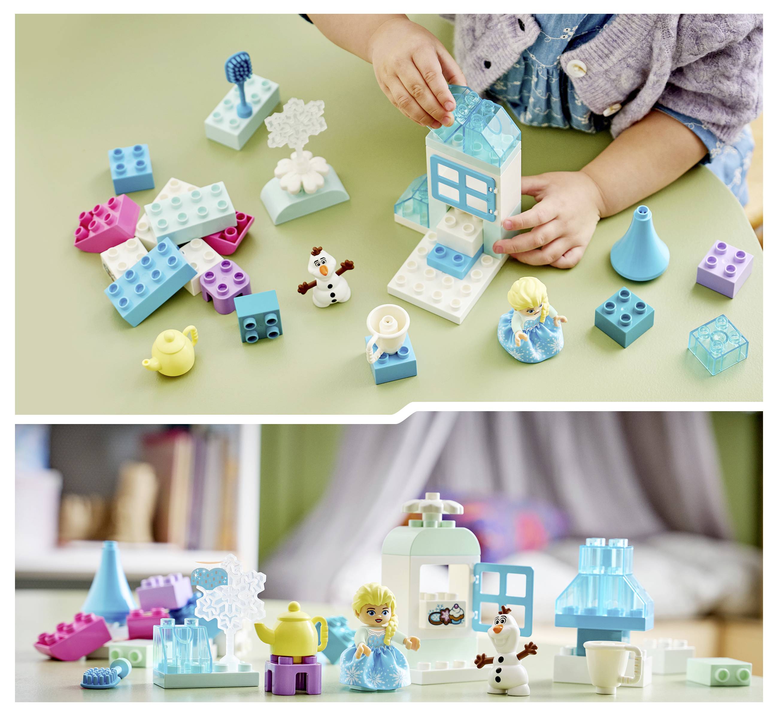 Kind spielt mit bunten Spielzeugbausteinen und kleinen Figuren und baut auf einer Tischplatte eine kleine hausähnliche Struktur zusammen.