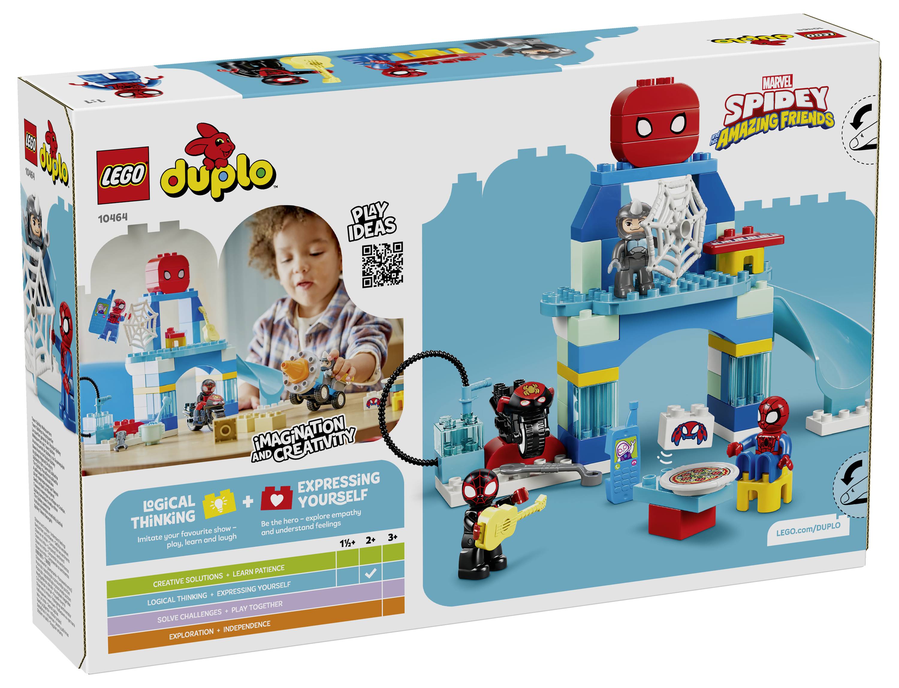 LEGO Duplo Spider-Man und Spidey Amazing Friends Spielset-Box zeigt ein Kind, das eine Spider-Man-Themen-Szene mit Minifiguren und Web-Turm baut.