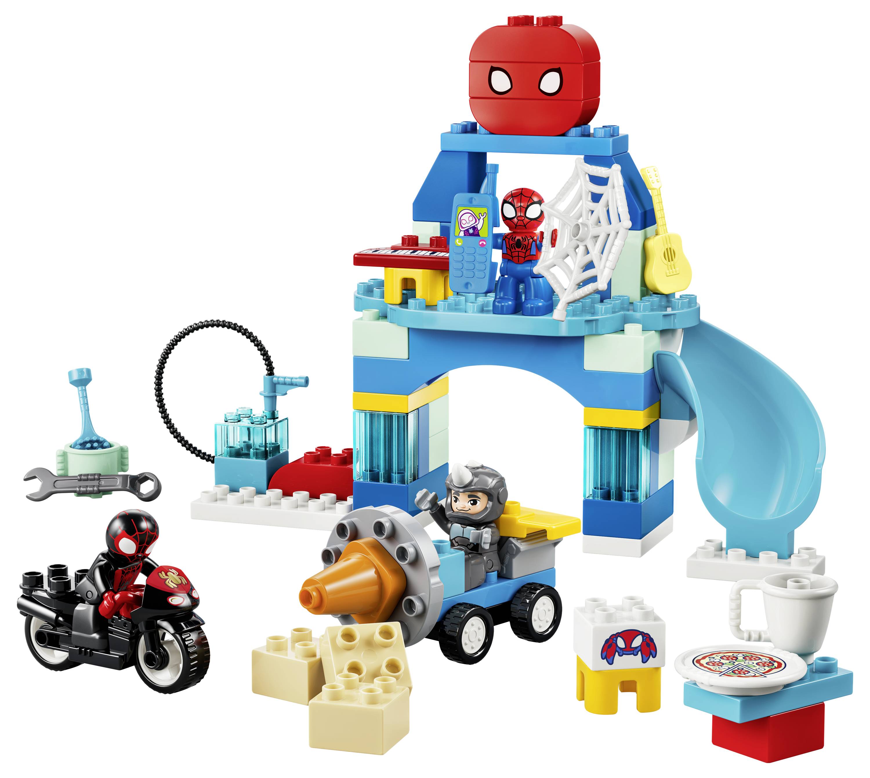 LEGO Spider-Man-Set mit buntem Superhelden-Hauptquartier mit Rutsche, Netz, Roller, Motorrad und zwei Minifiguren mit einem großen Spider-Man-Kopf oben drauf.