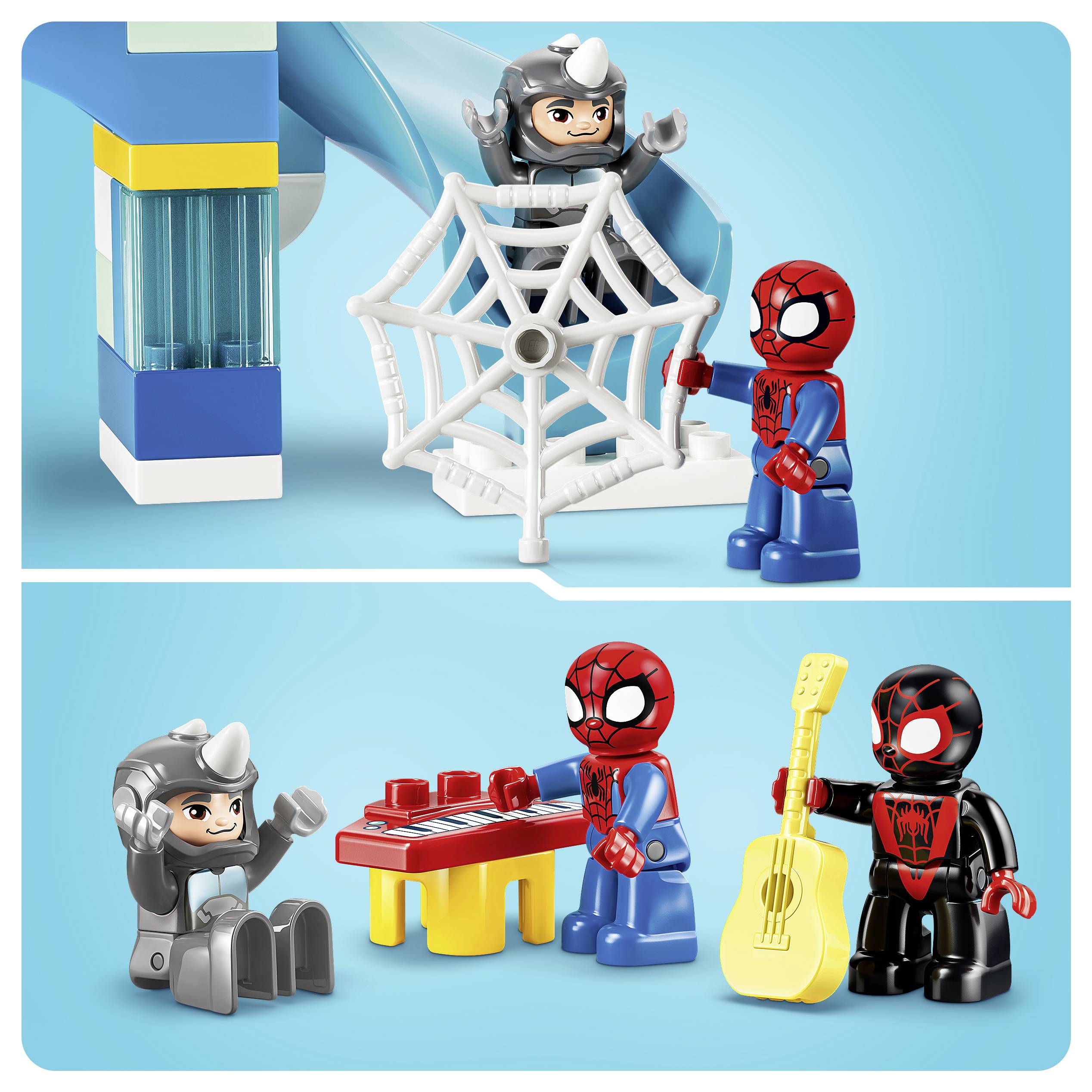 Zweiteilige LEGO-Spider-Man-Szene: oben Spider-Man in einer Spinnennetzfalle, gegenüber dem Rhino; unten sitzt der Rhino, während Spider-Man ein rotes Tischspiel spielt und ein anderer schwarzgewandeter Spider-Man eine gelbe Gitarre hält.