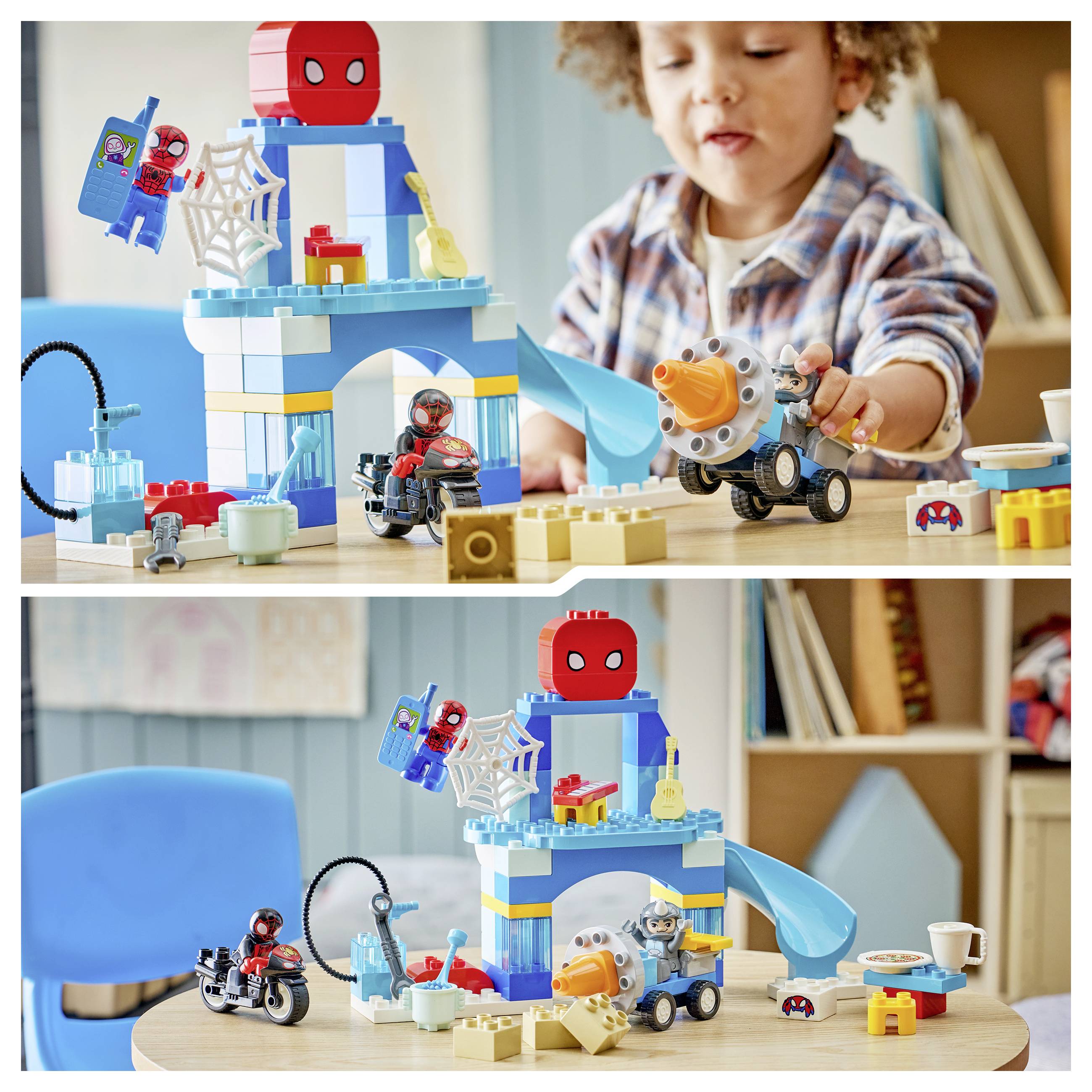 Kind spielt mit einem LEGO-ähnlichen Spider-Man-Spielset mit einem Turm, einer Rutsche, einem Netz und Spielzeugfahrzeugen auf einem Tisch.