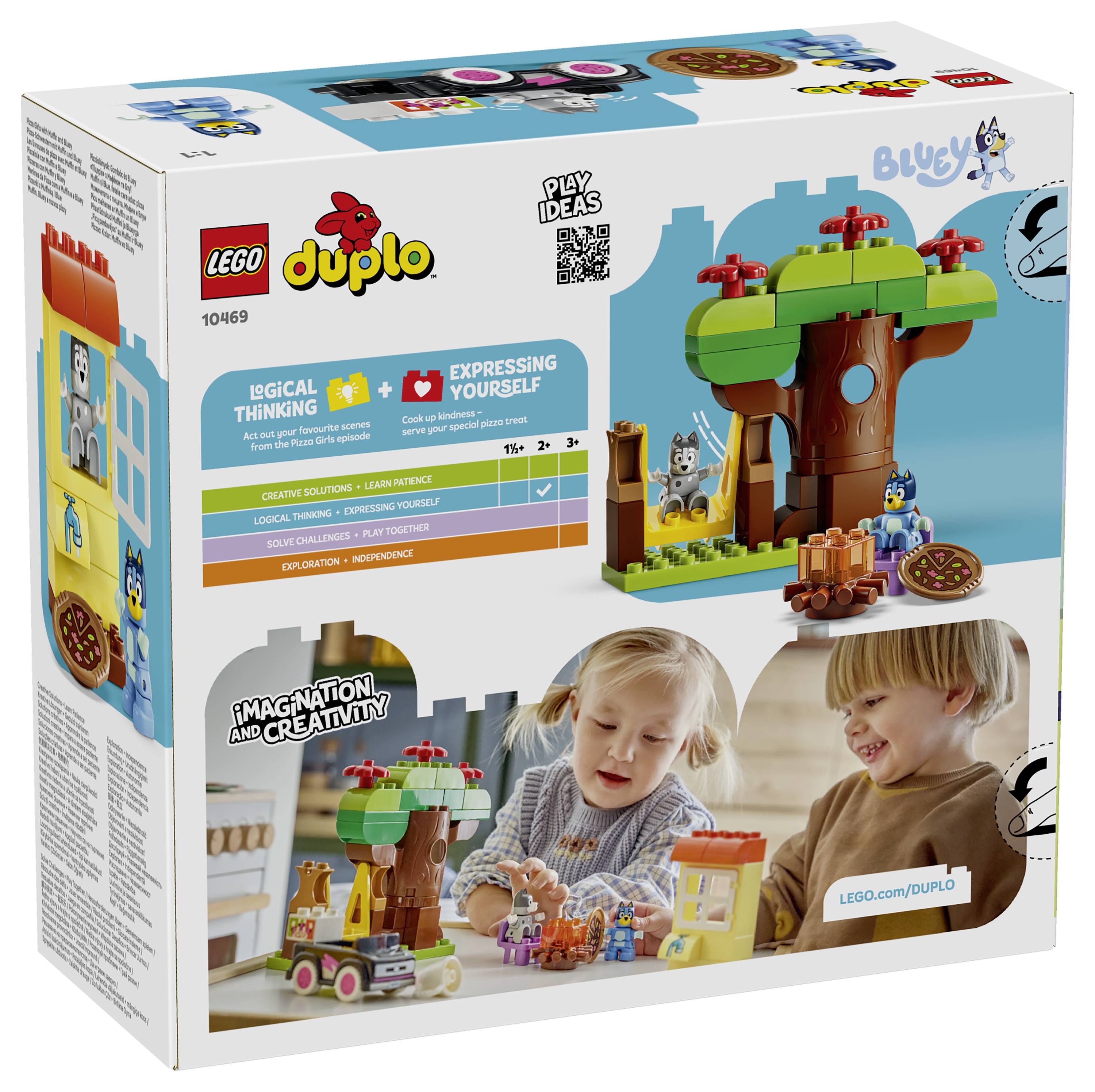 LEGO DUPLO 'Baumhaus' Box zeigt einen farbenfrohen Bausatz mit einem Baum, Tieren und zwei Kindern beim Spielen; Set 10469.