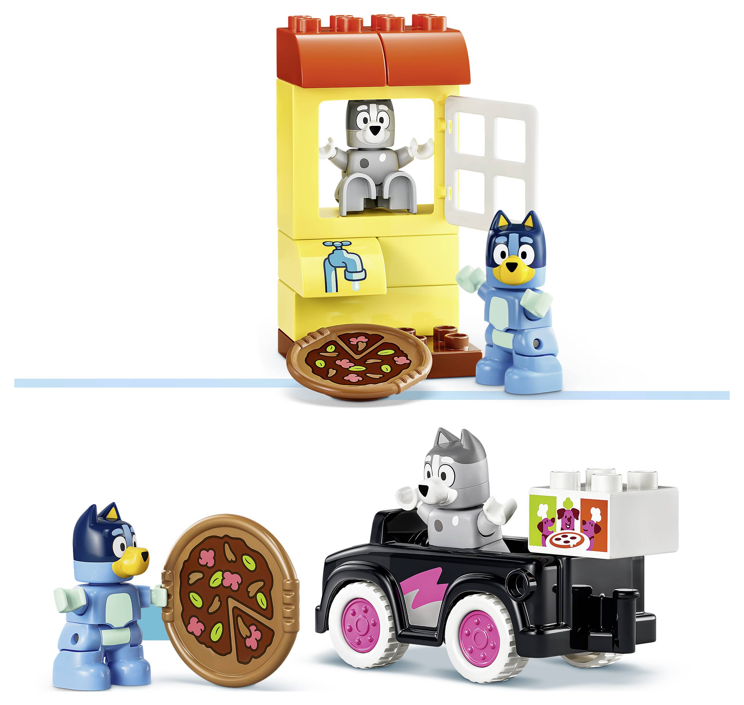 Zwei LEGO Bluey Szenen: Bluey neben einem Spielzeug-Pizzaofen mit einem grauen Hund darin, und Bluey, der einem grauen Hund in einem schwarzen Pizzaauto eine Pizza gibt.