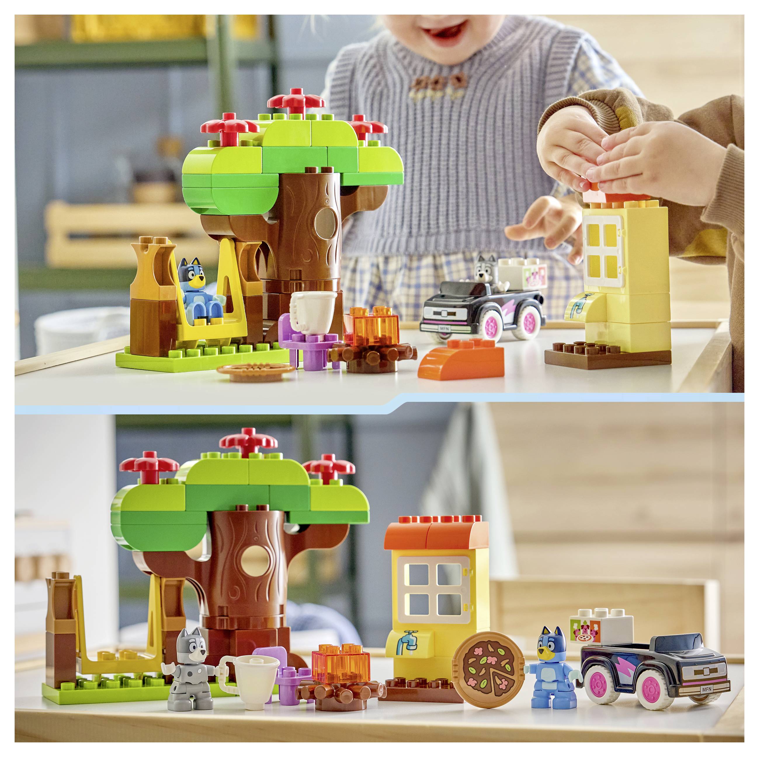 Kinder spielen mit bunten Spielzeugbausteinen, einschließlich eines Baums, eines Hauses, von Figuren und eines Lastwagens, dargestellt in einer Vorher-Nachher-Szene.