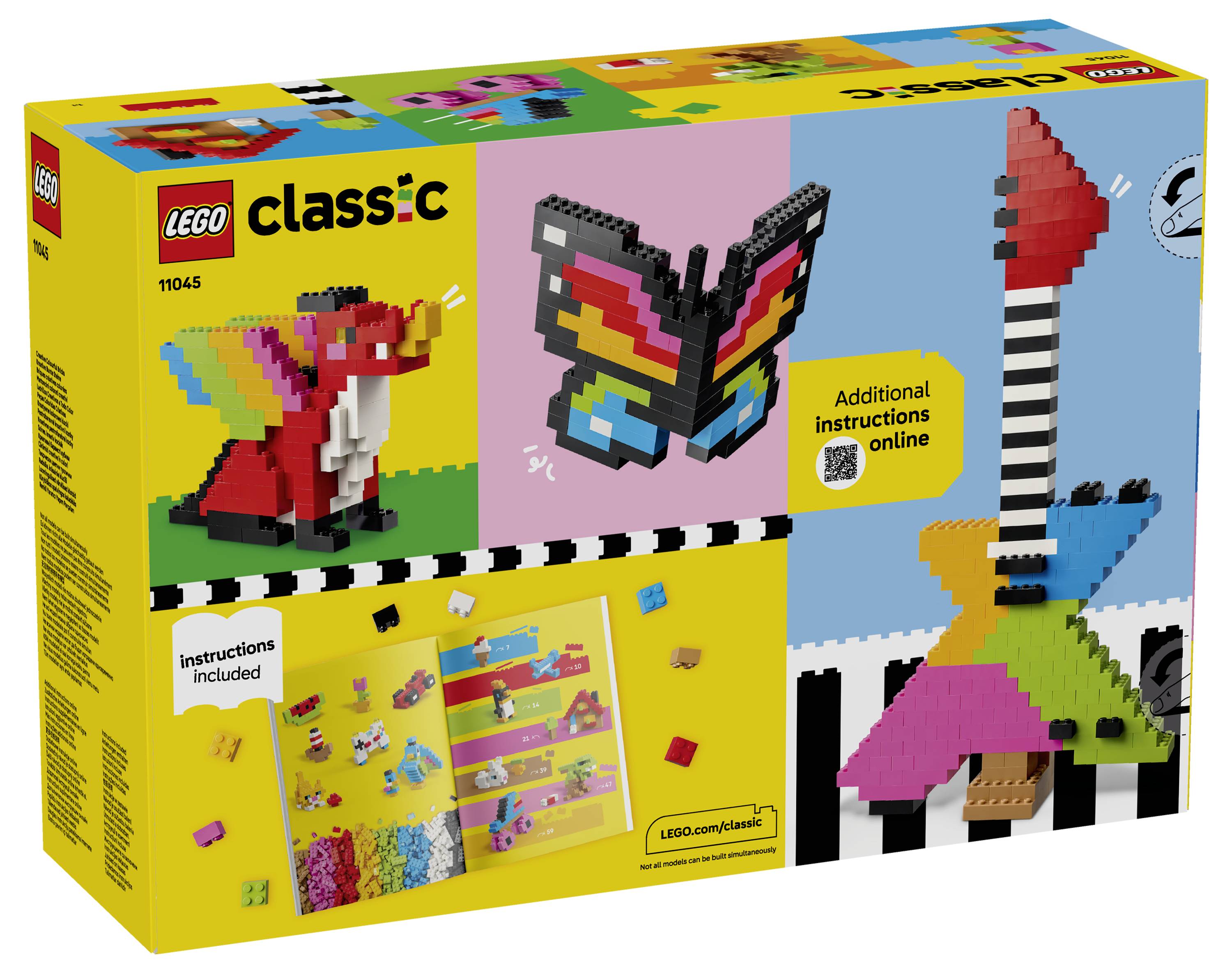 LEGO Classic 11045 Box mit farbenfrohen aus Bausteinen errichteten Modellen, einschließlich eines Papageis, eines Schmetterlings und eines Leuchtturms, mit der Aufschrift „Weitere Anleitung online