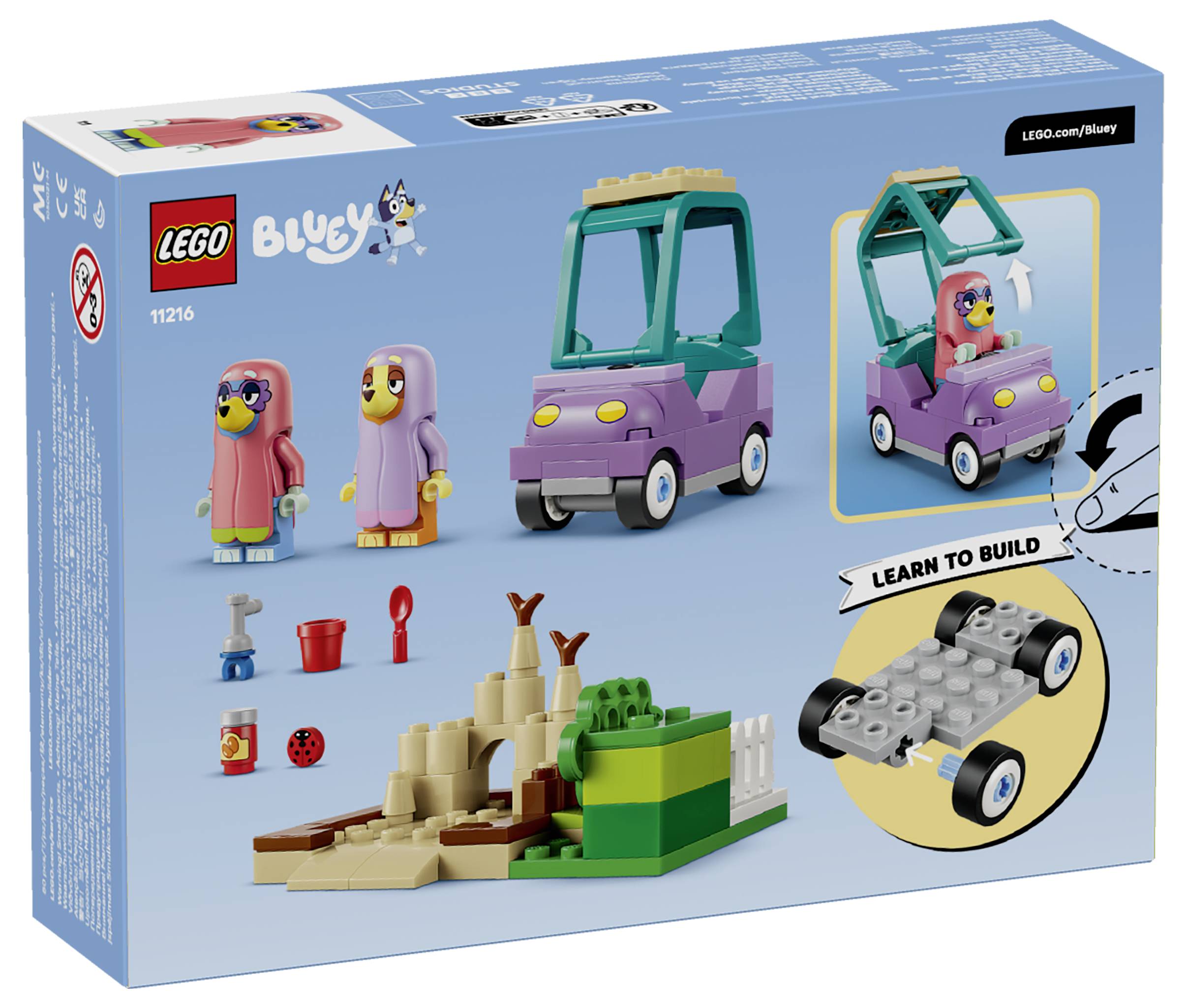 LEGO Bluey 'Bauen lernen'-Set-Box mit zwei Vogelfiguren, einem lila-grünen Auto und einer kleinen Sand- und Graslandschaft mit Zubehör.