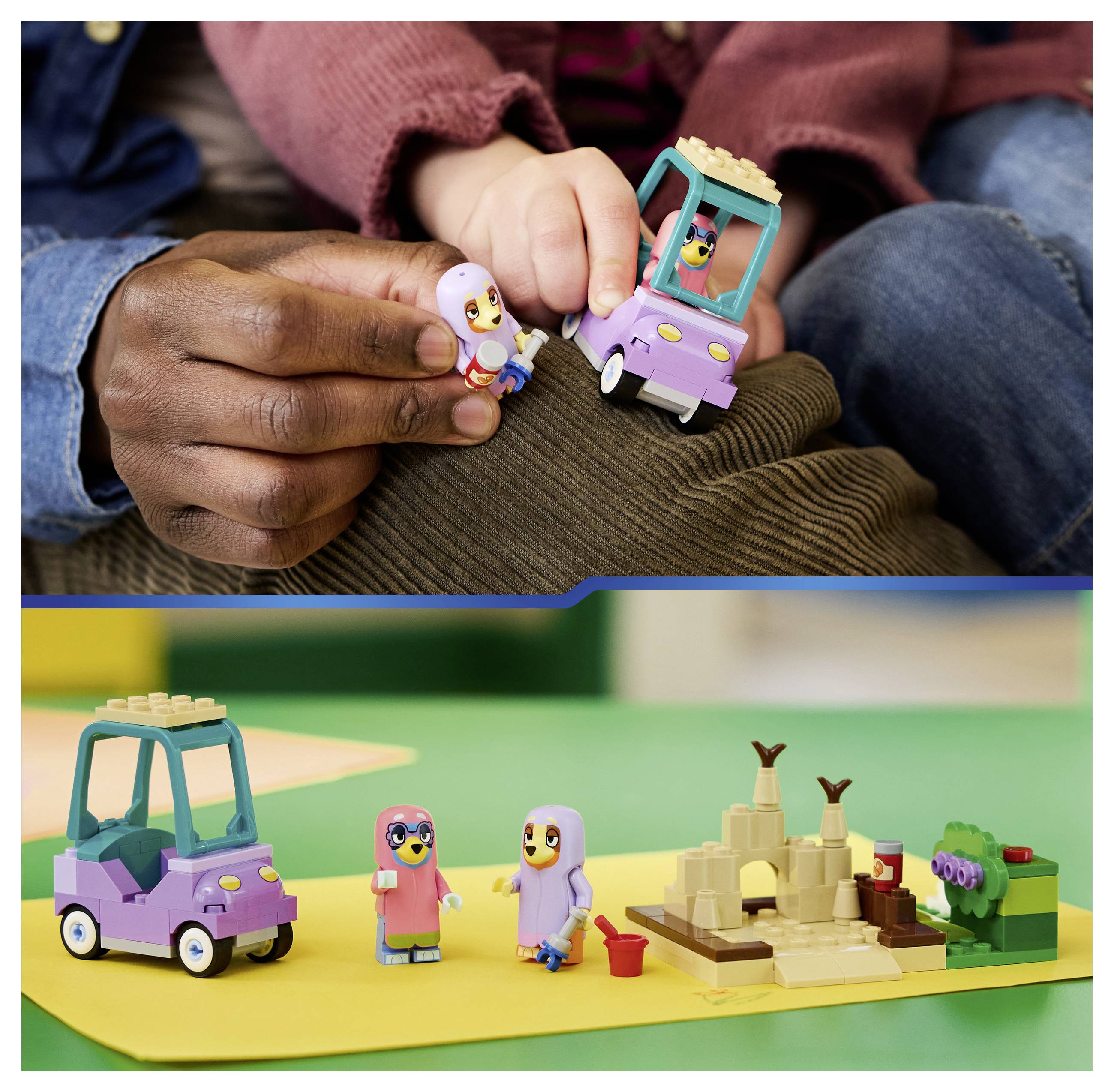Kinder spielen mit kleinen Spielfiguren und einem lila Spielzeugauto; das untere Bild zeigt das Auto, zwei Figuren und eine Sandburg-Szene auf einer gelben Matte.