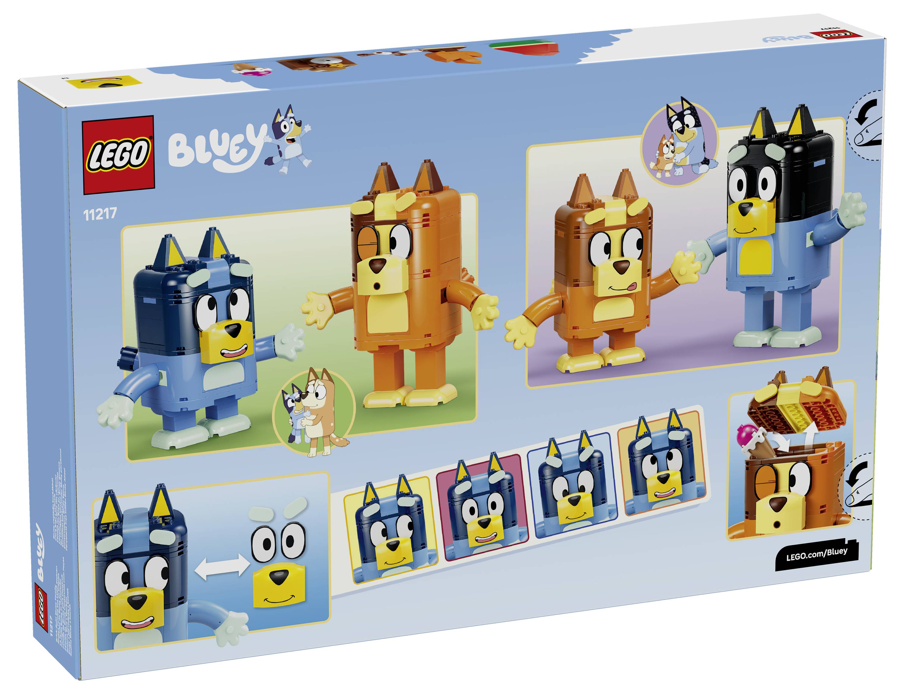 LEGO Bluey Set Box zeigt baubare Bluey-, Bingo-, Chilli- und Bandit-Figuren, mit mehreren Charakteransichten und aus Steinen gefertigten Gesichtsdetails.