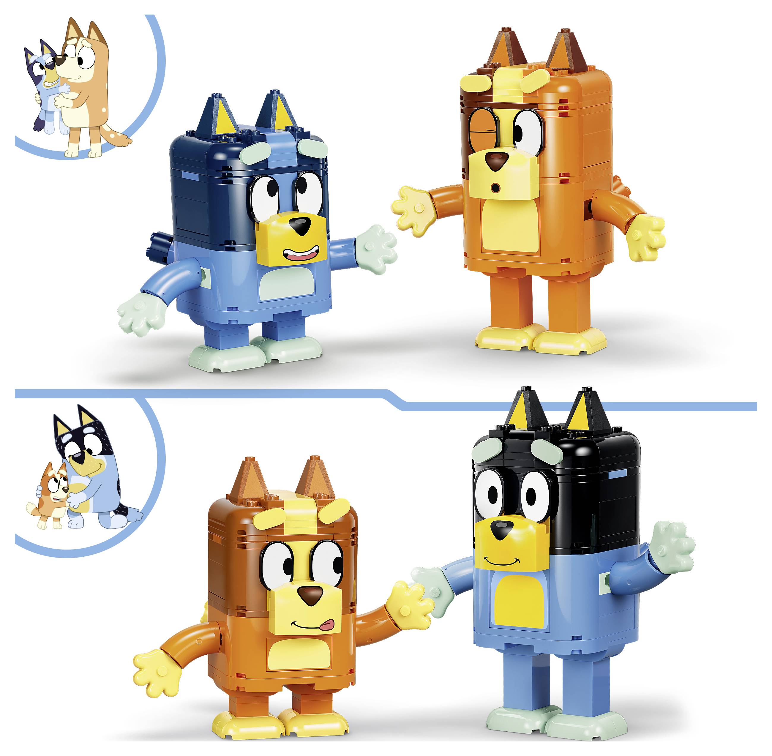 Zwei LEGO-ähnliche Bluey- und Bingo-Figuren in blauen und orangefarbenen Versionen, gezeigt in zwei Paaren, die sich die Hände schütteln, mit kleinen Charaktersymbolen auf der linken Seite.