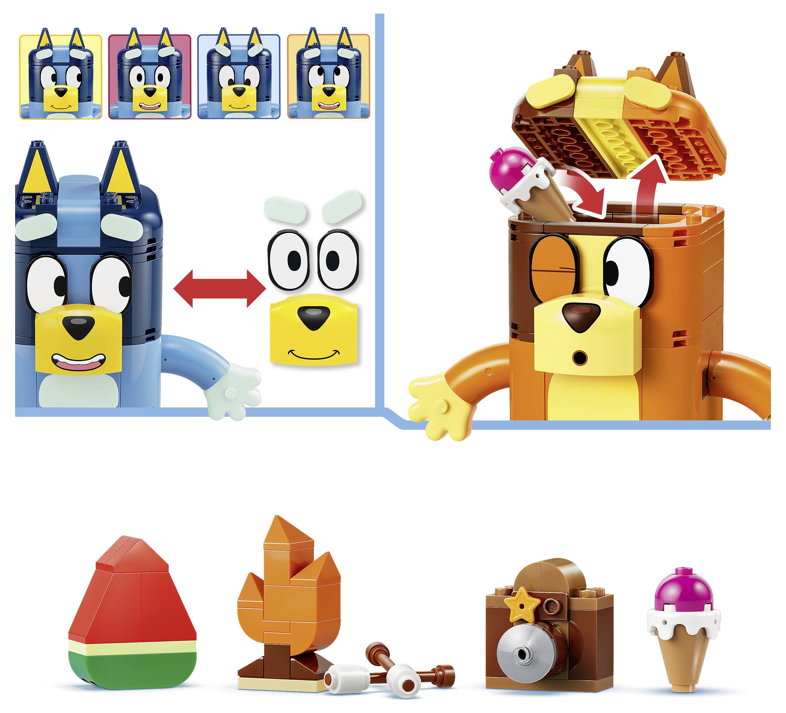 Lego-Tierfiguren-Konstruktionen werden zusammengebaut und in Teilen gezeigt, mit einem blauen Katzenkopf-Transform und einem orange-farbigen kastenförmigen Tier, das sich öffnet, um interne Teile freizulegen; kleinere Konstruktionsbeispiele unten.