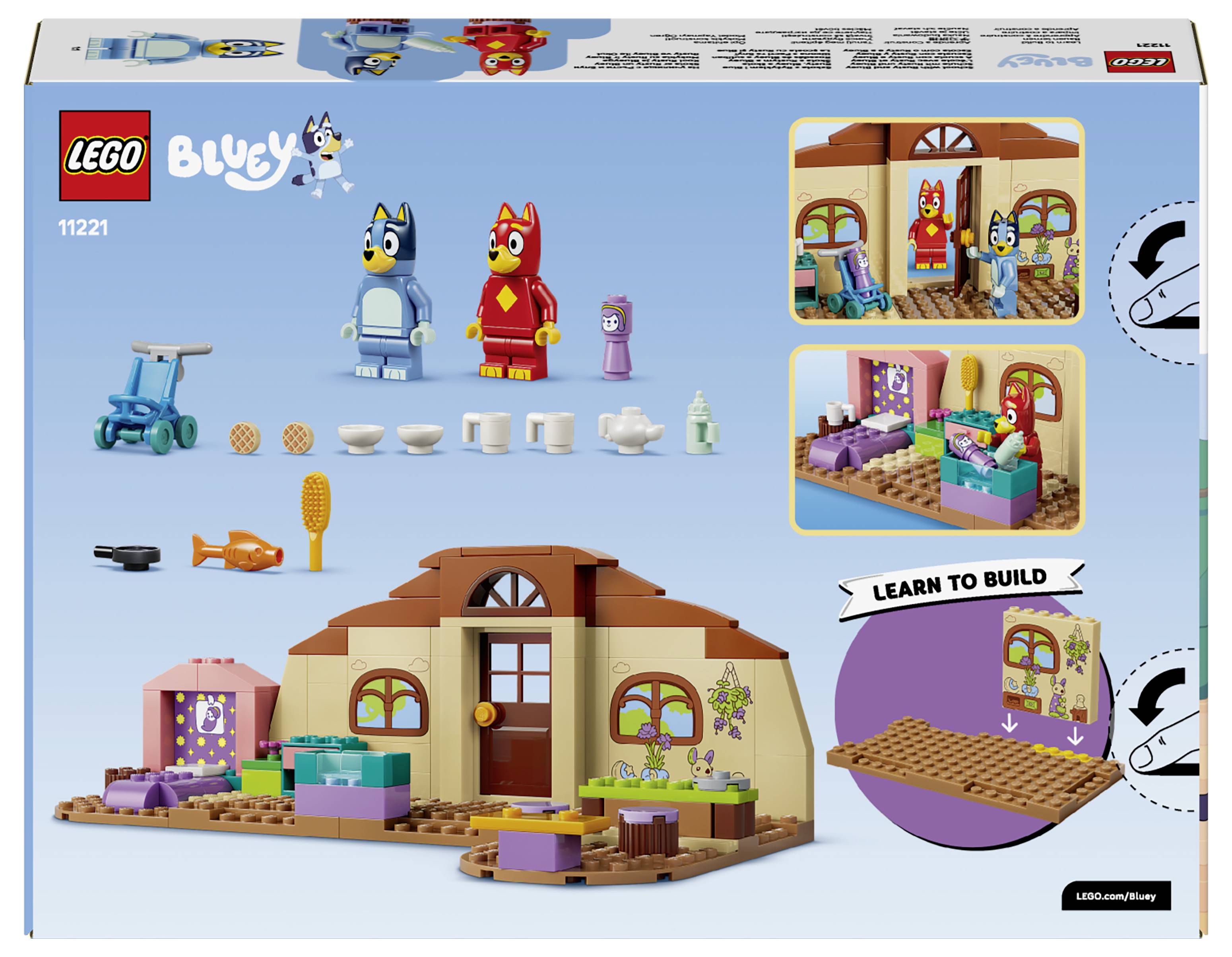 LEGO Bluey-Set 11231 Schachtelbild mit dem baubaren Haus, Bluey- und Bingo-Minifiguren, Möbelstücke und kleine Vorschaubilder der fertigen Zimmer.