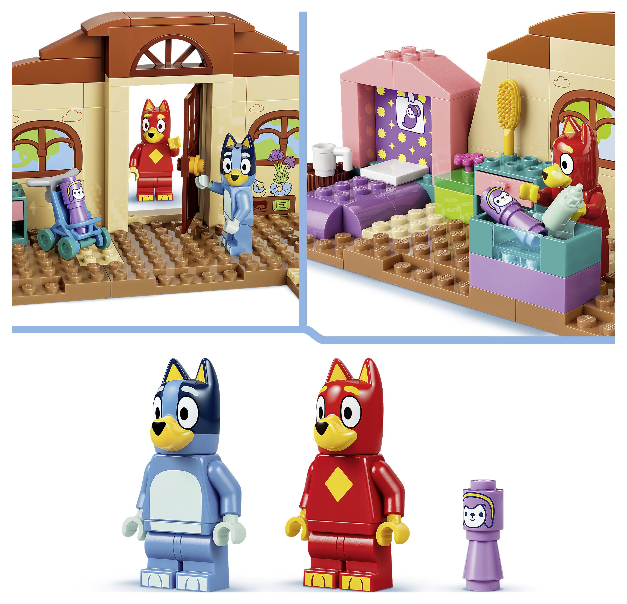 LEGO Bluey Spielset mit Bluey und Bingo in einem Haus mit Schlafzimmer- und Badezimmerszenen, plus Minifiguren von Bluey, Bingo und einer kleinen Figur.