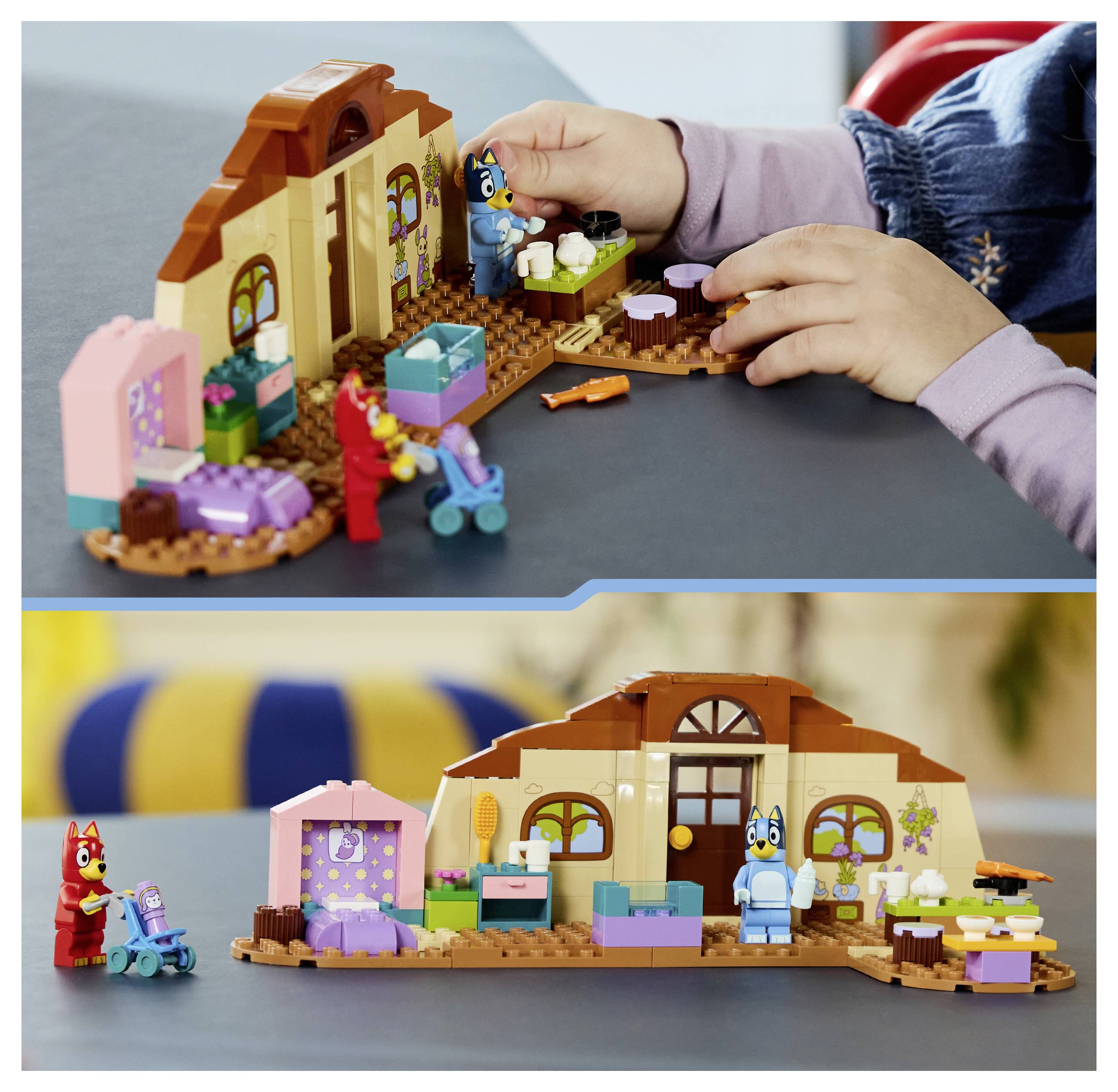 Kinder spielen mit einem LEGO Bluey Hausset, arrangieren Figuren und Möbel; das zusammengebaute Haus mit Charakteren ist unten abgebildet.
