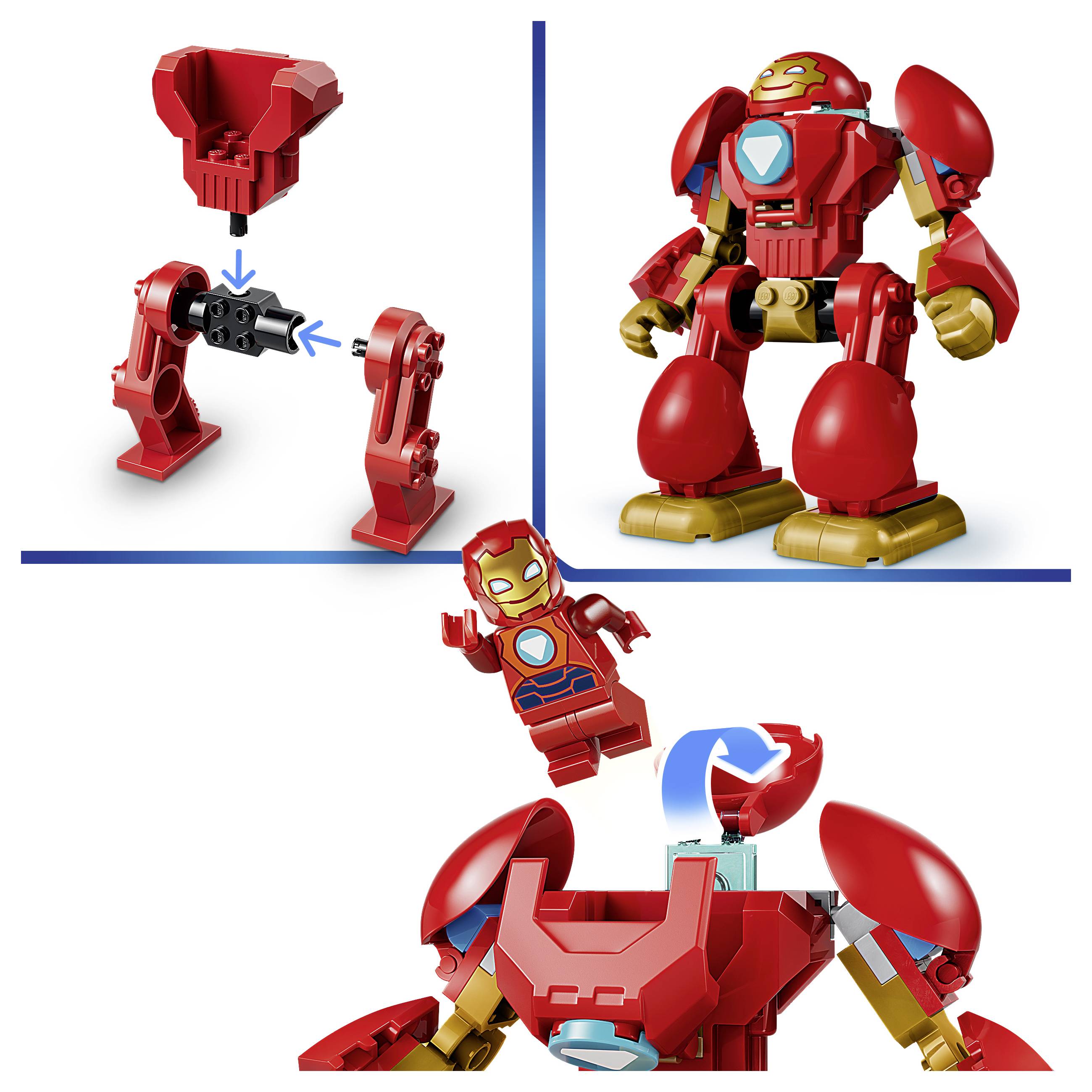Anleitung zeigt ein rotes Roboterspielzeug, das aus Teilen zusammengebaut wird, dann der fertige Roboter und eine von oben öffnende Truhe, die eine Minifigur im Inneren enthüllt.