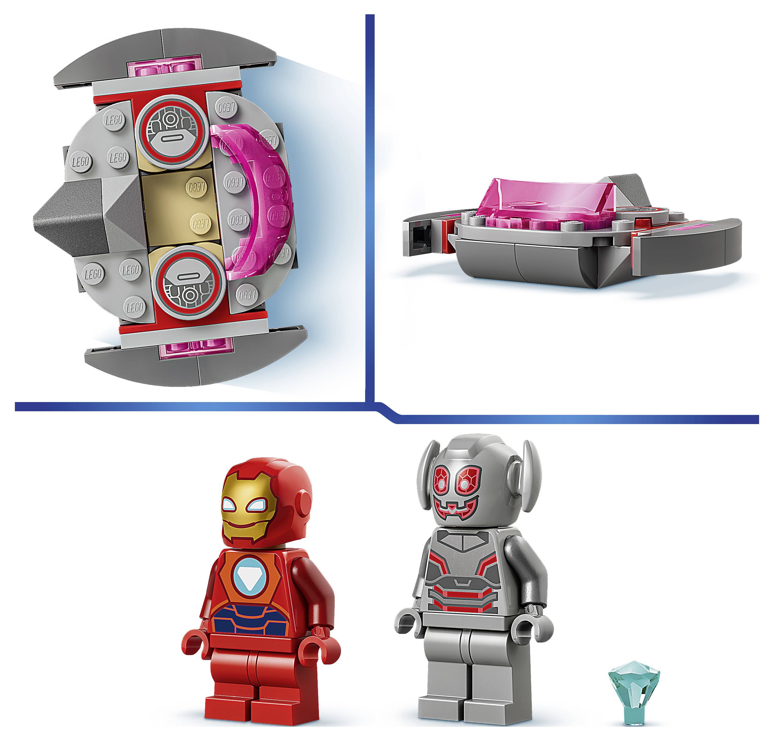 LEGO-Set-Bild zeigt ein grau-rosa kreisförmiges Gerät und seine Seitenansicht, plus zwei Minifiguren: Iron Man in Rot und einen grauen Roboter, mit einem kleinen blauen Edelsteinstück.