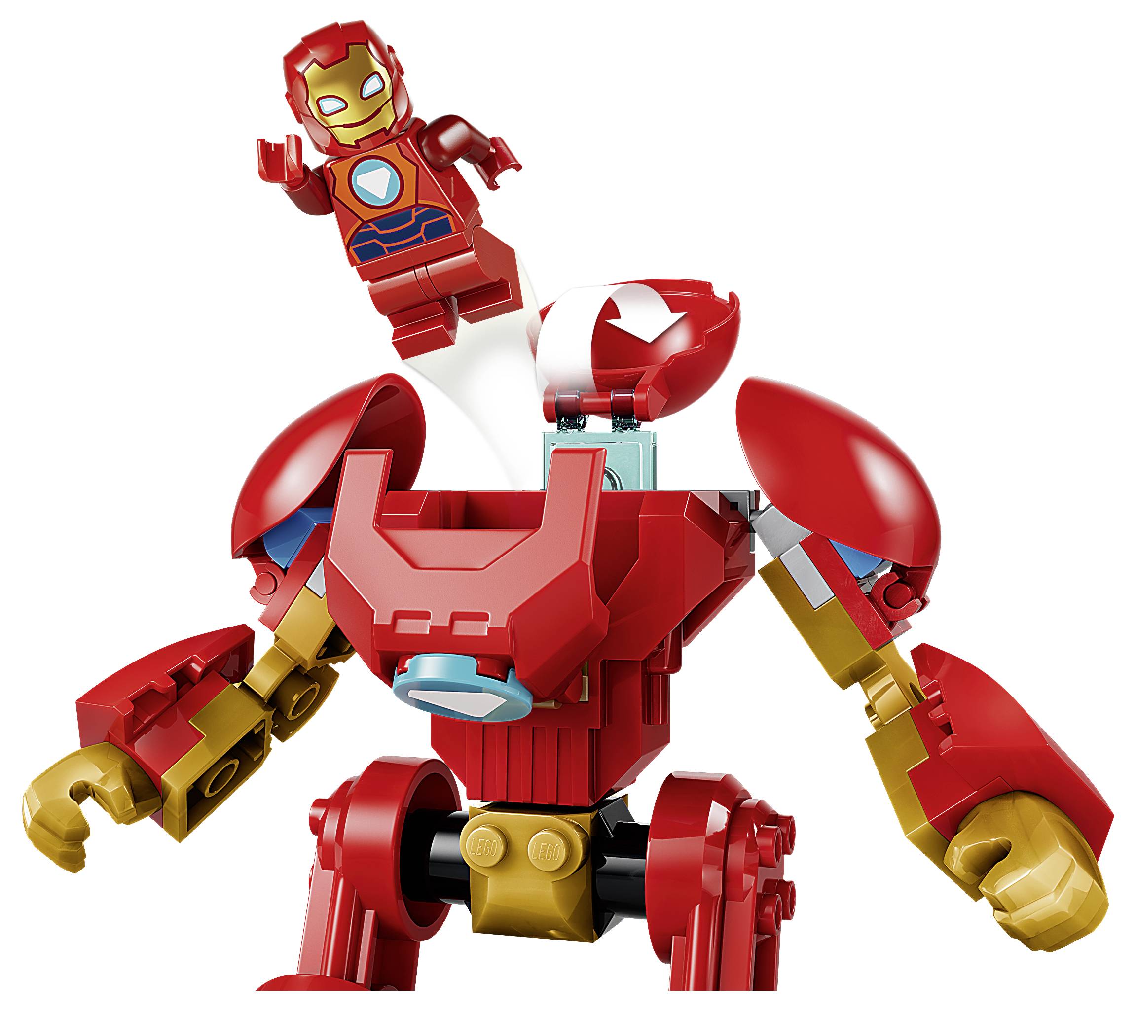LEGO-ähnlicher rot-goldener Hulkbuster-ähnlicher Roboter mit Iron-Man-Figur, die aus der offenen Brustklappe herauskommt.
