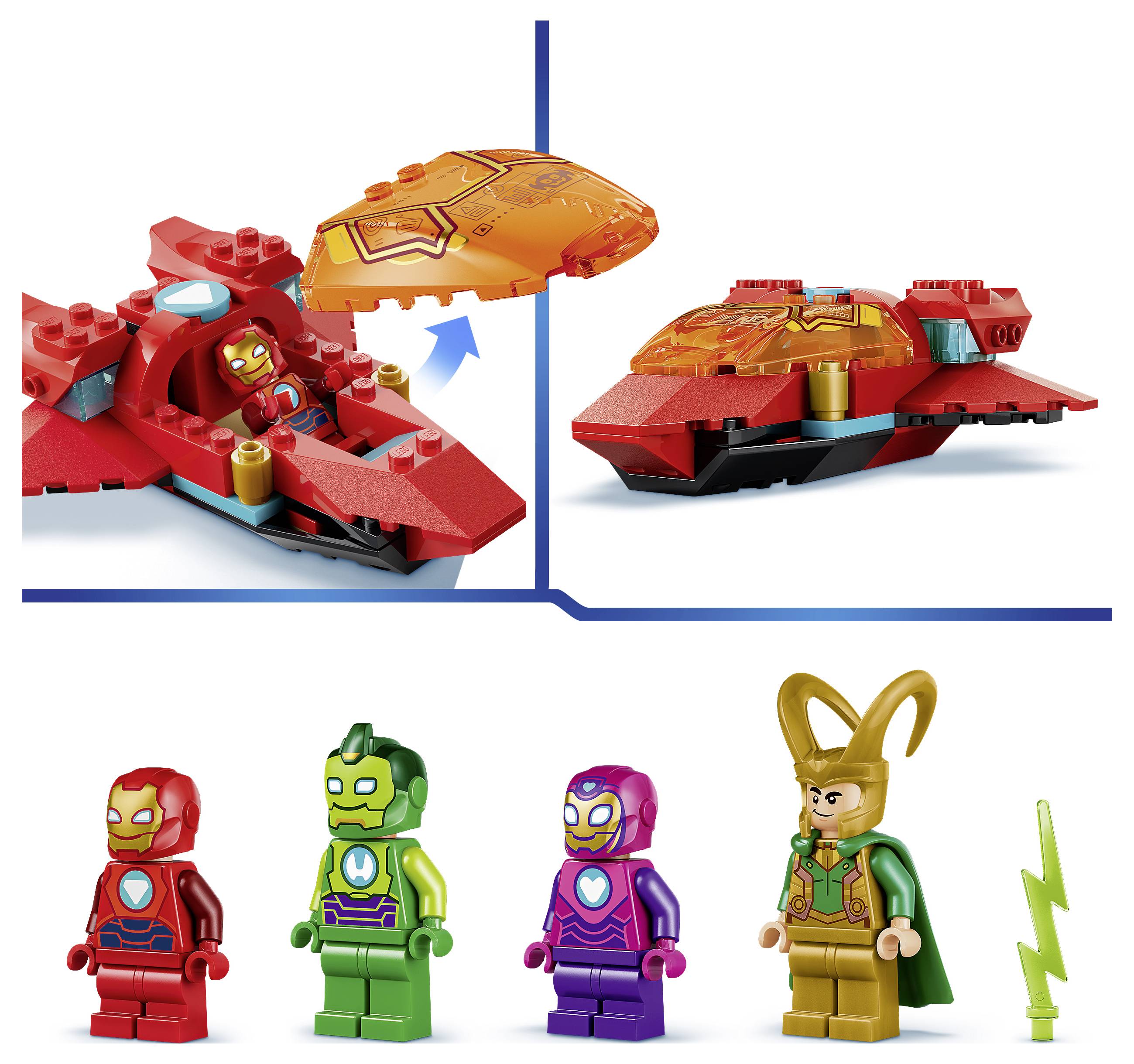 LEGO-Set-Bild, das ein rotes Raumschiff zeigt, das sich durch das Hinzufügen eines orangefarbenen Dachaufbaus umwandelt, plus vier Minifiguren und ein grünes Blitzschlag-Zubehörteil.