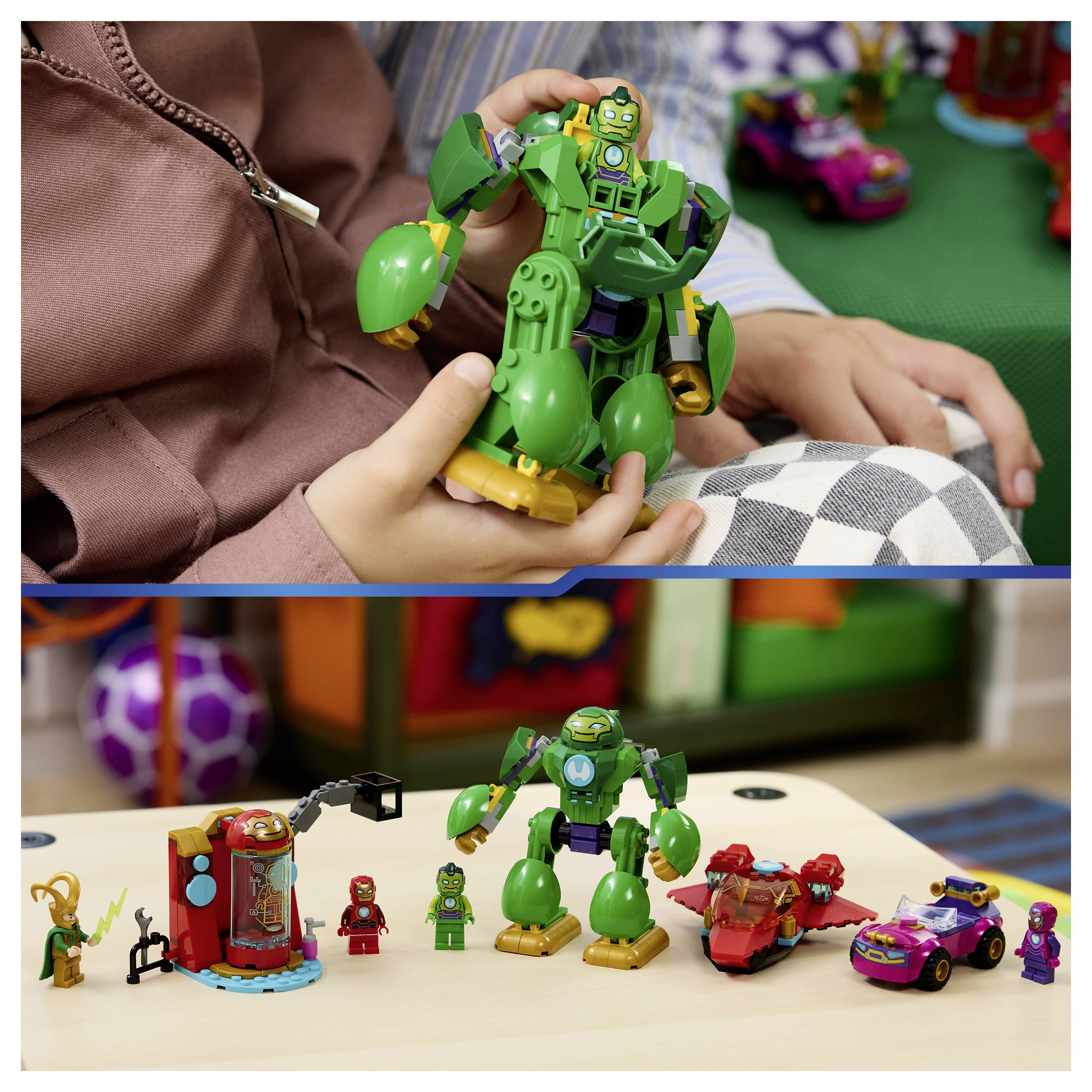 Collage eines Kindes, das ein grünes Roboterspielzeug hält, und eine Tischanzeige mit mehreren bunten Roboter- und Fahrzeugspielzeugen.