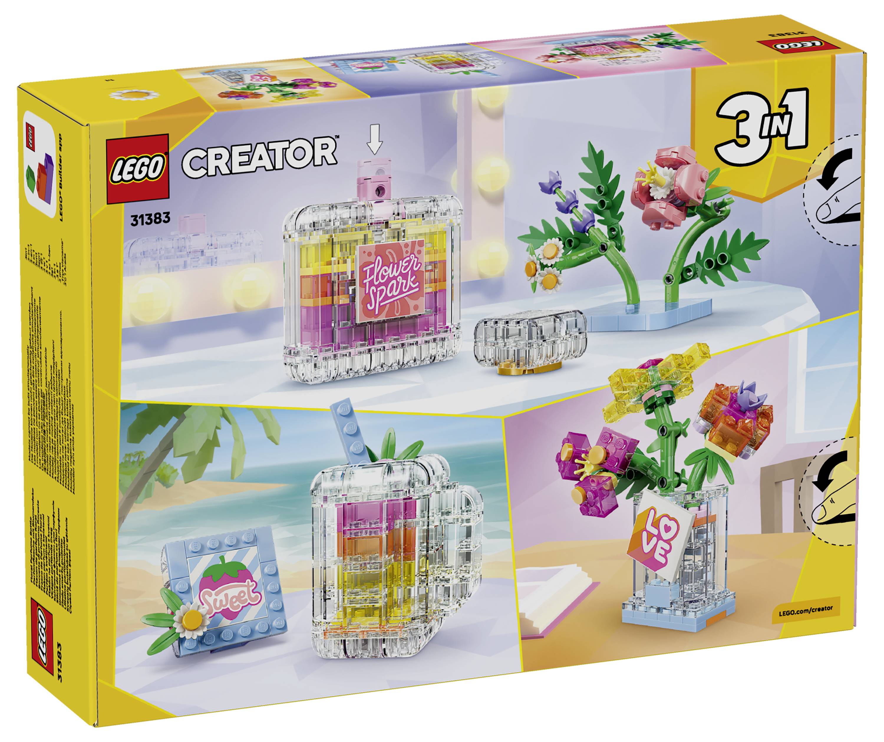 LEGO Creator 3-in-1 Set 31383 Schachtel mit drei Bauoptionen: eine klare 'Flower Spark'-Anzeige, eine Trinkflasche und eine Blumenvase mit 'LOVE'-Schild.