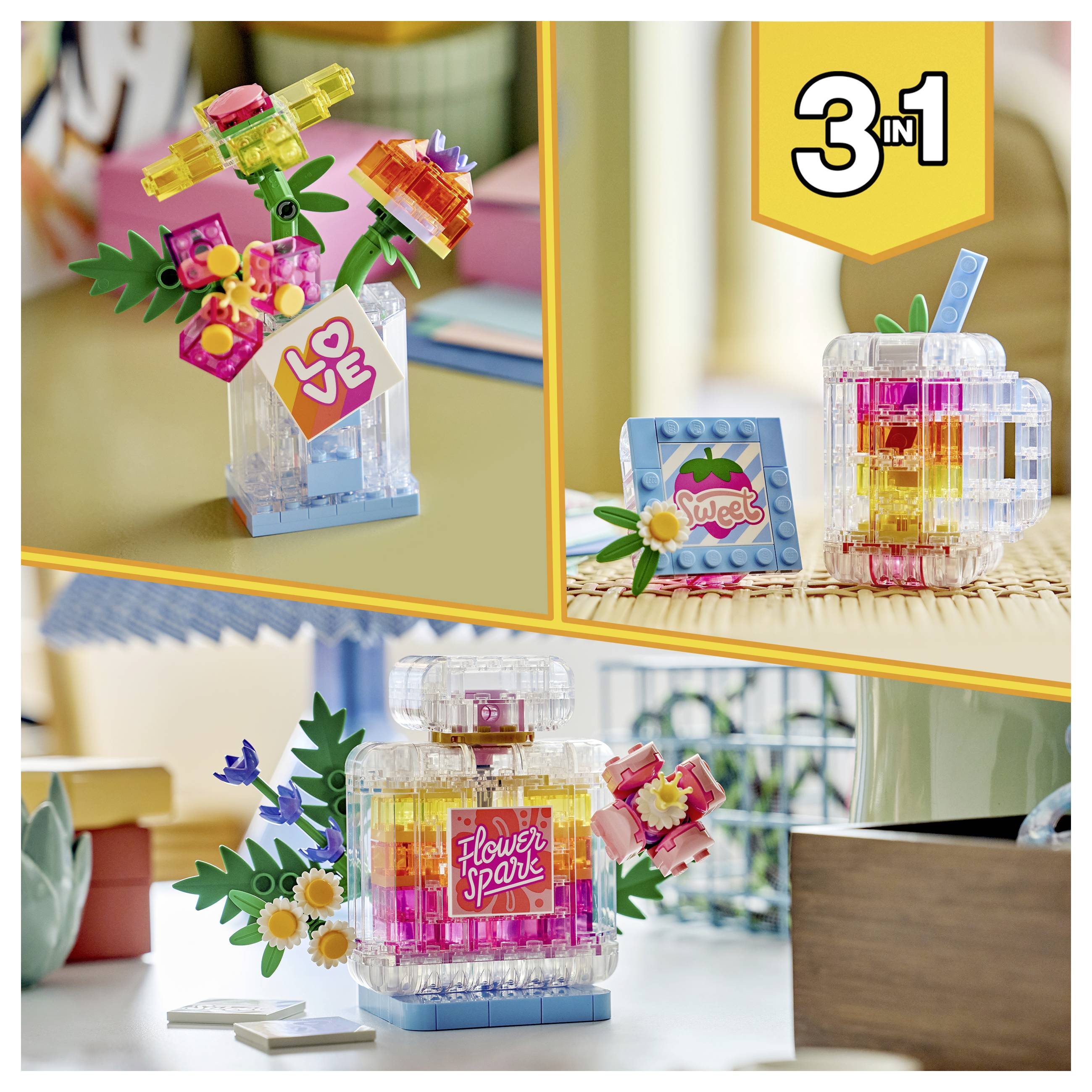 Collage eines farbenfrohen durchsichtigen Bausteinen-Blumensatzes in 3-in-1-Ausführungen, dargestellt als Vase, obstähnlicher Behälter und Blumenarrangement mit den Bezeichnungen „LOVE