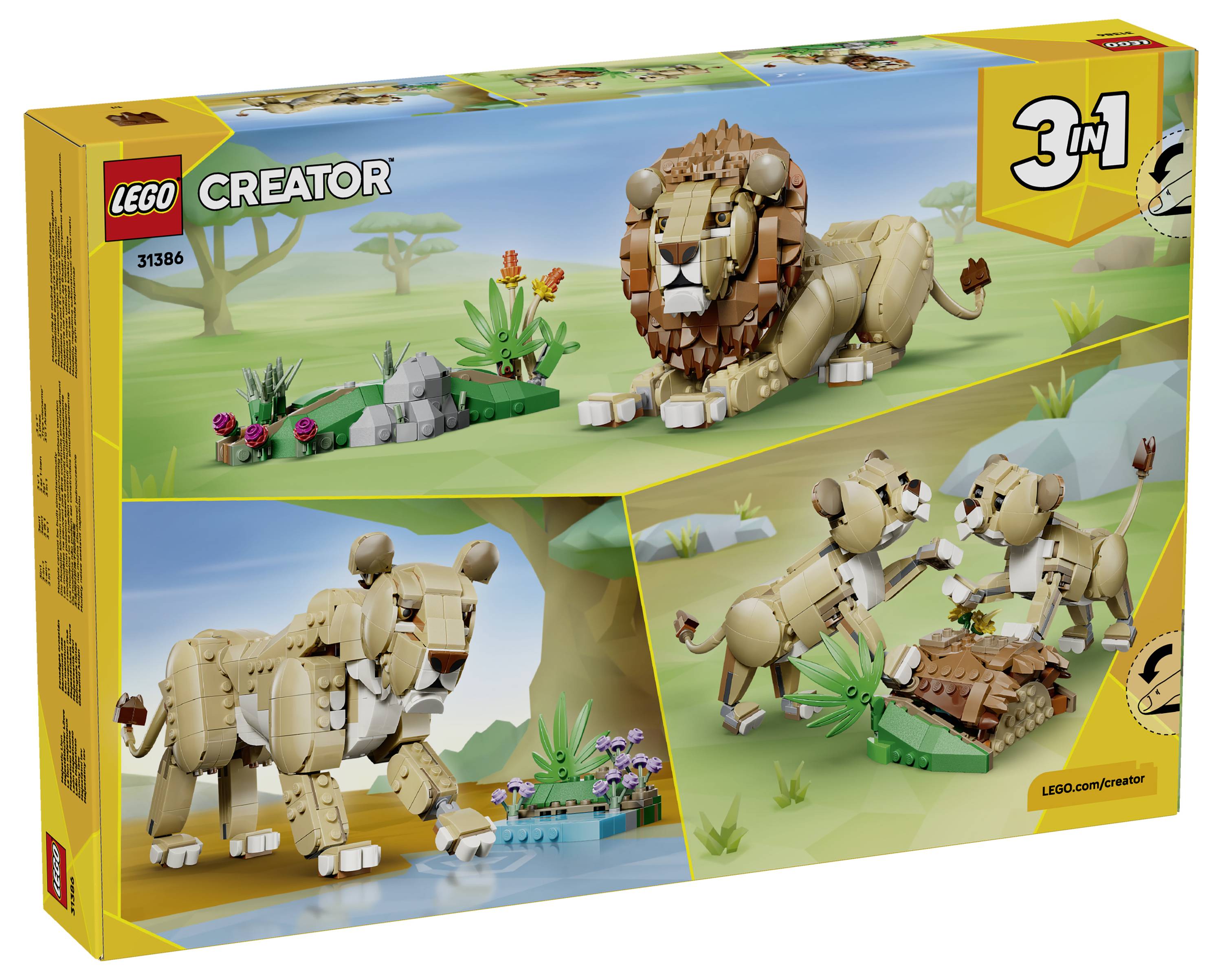 LEGO Creator 3-in-1 Löwen-Bauset mit Karton, das eine Löwe-, Löwin- und Straußenszene mit Savannen-Zubehör zeigt.