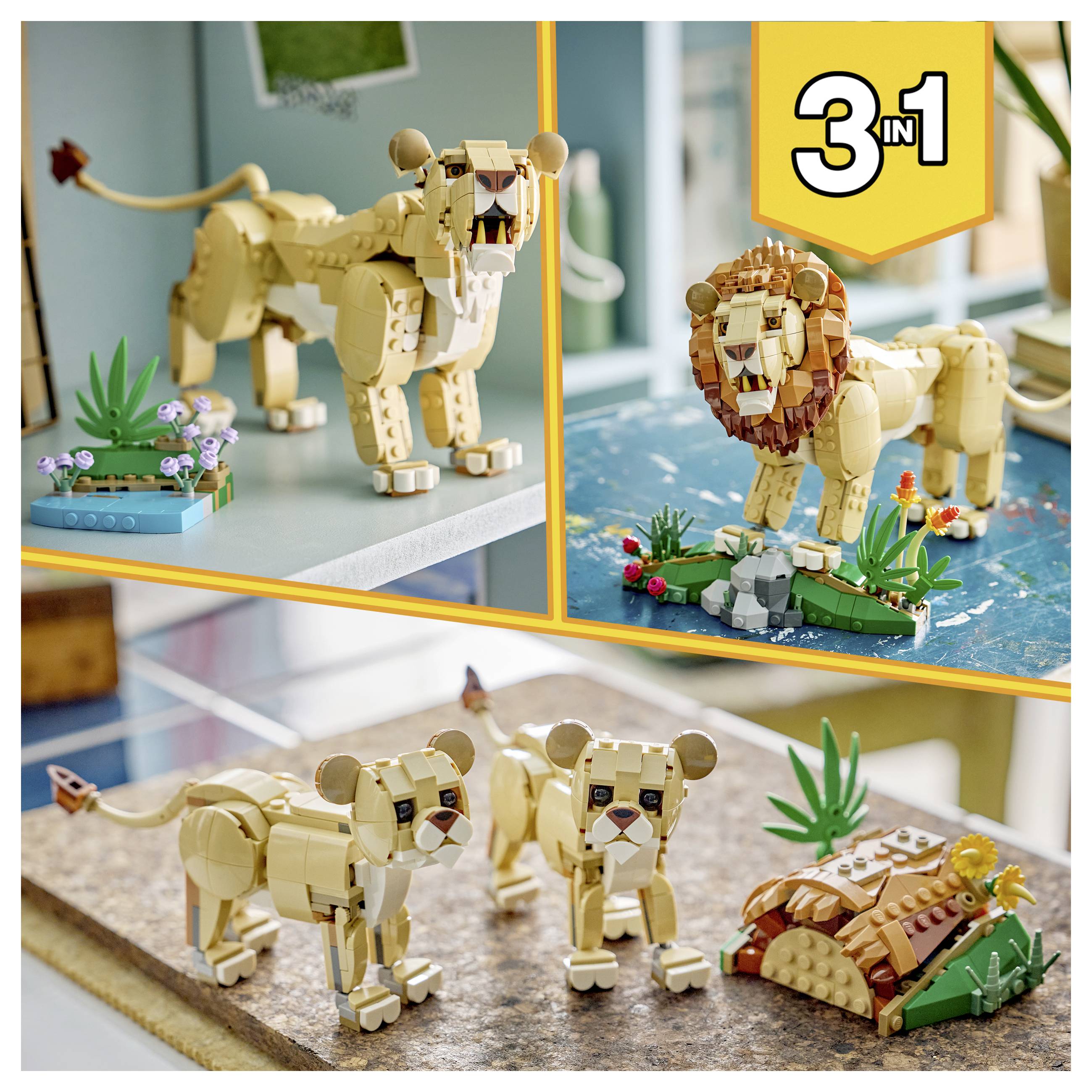 Collage eines 3-in-1 LEGO-Löwe-Sets, das als Löwe, Löwin und zwei Junge mit kleinen Savannenszenen dargestellt wird.